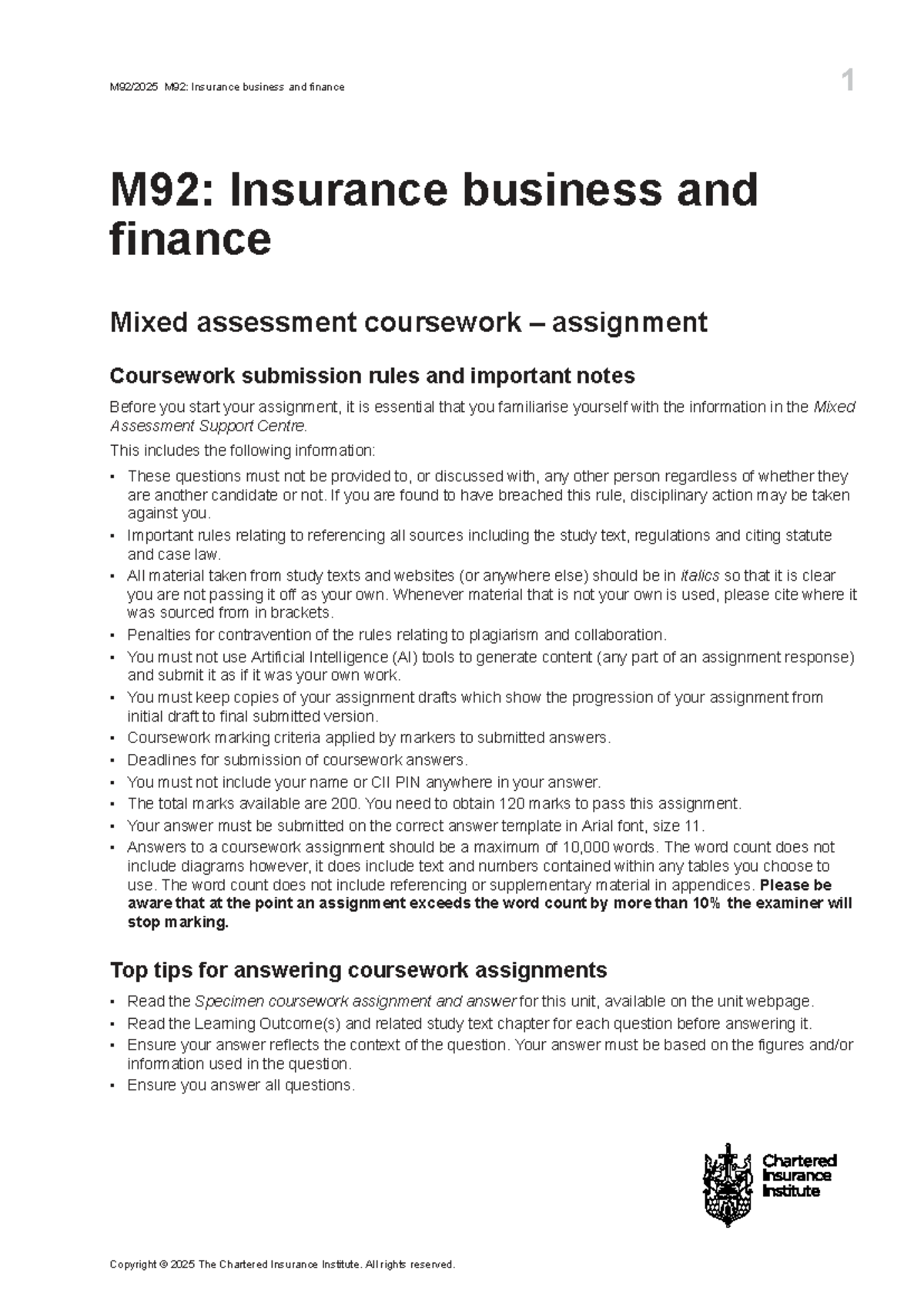 M92: Insurance Business and Finance Mixed Assessment Coursework Guide ...