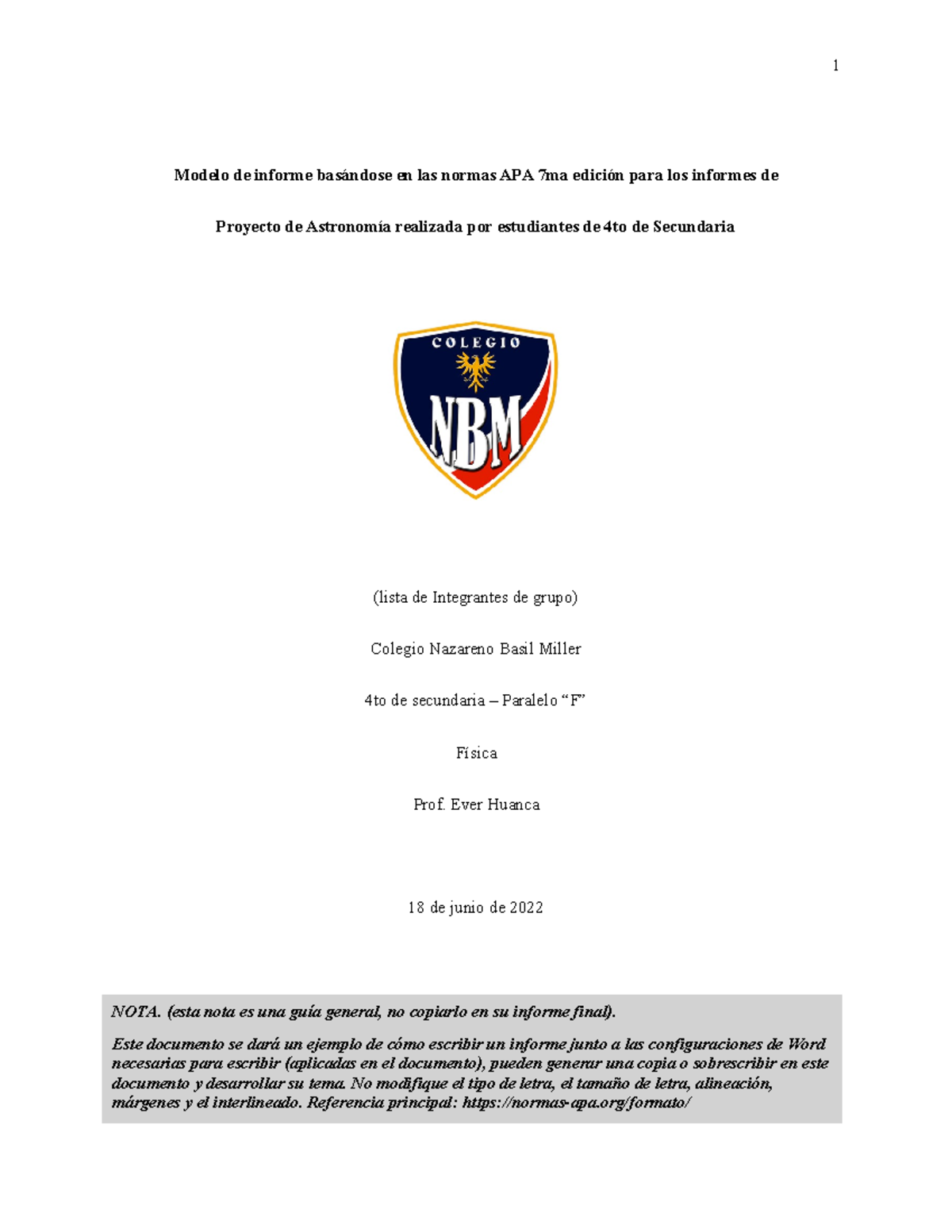 Modelo de Informe APA 7ma Edición para Proyecto de Astronomía - 4to S - Document Preview