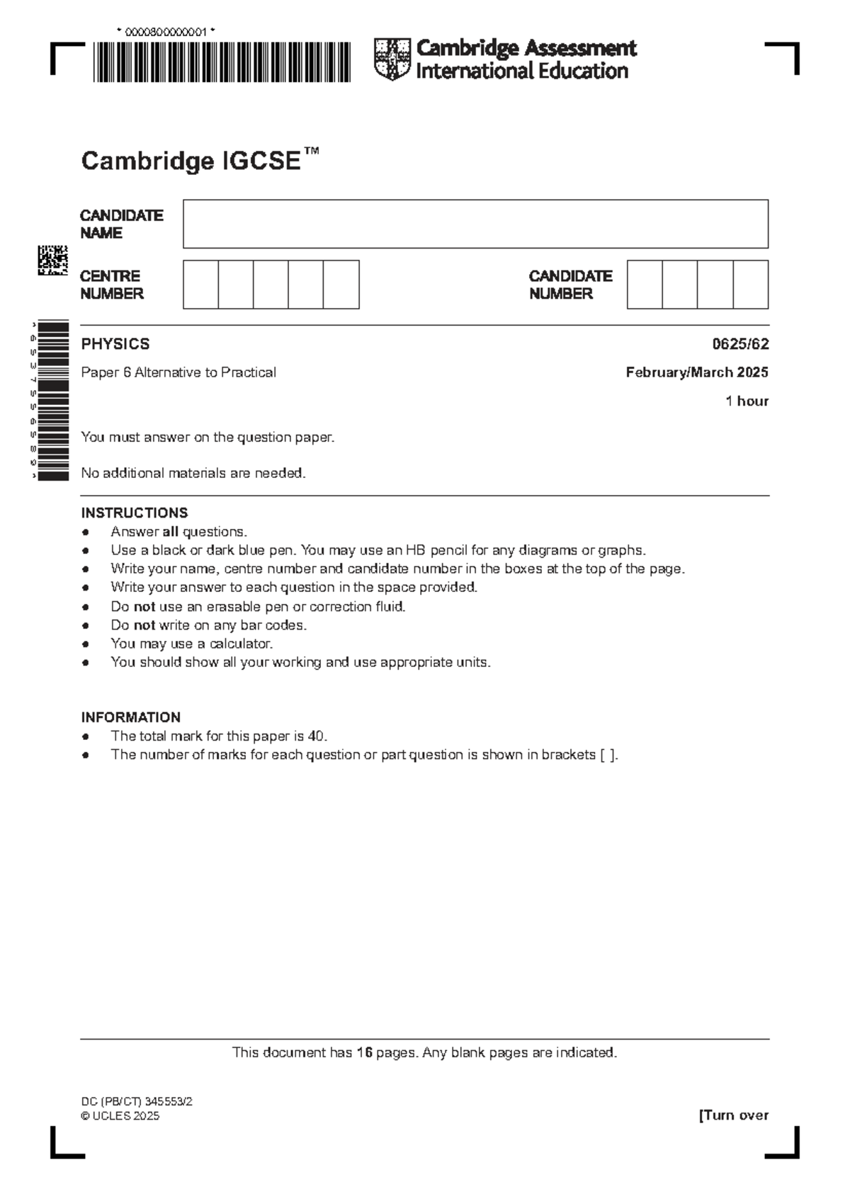 Cambridge 0625/62/2025 Physics Paper 6 Alternative to Practical ...