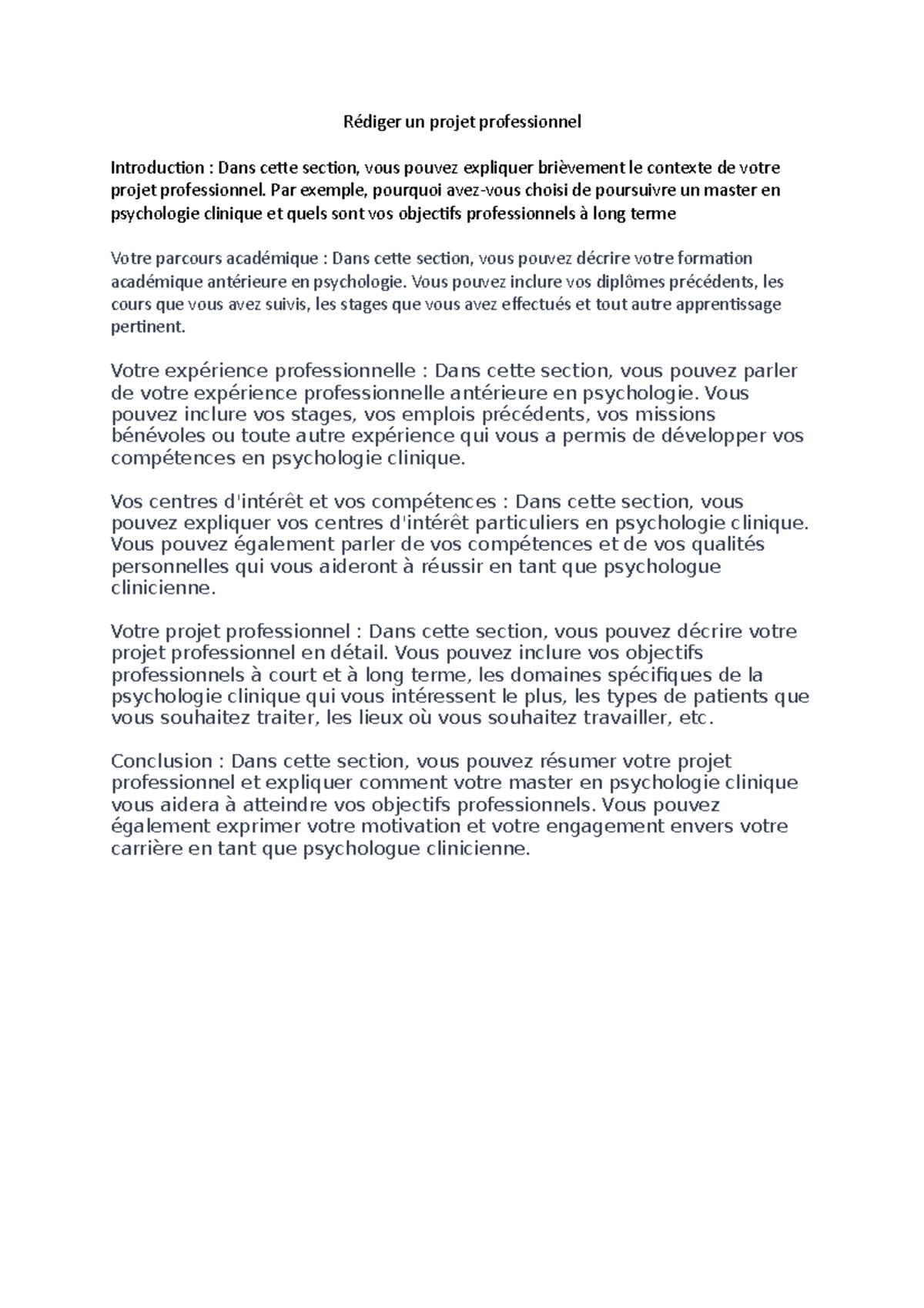Projet Professionnel en Psychologie Clinique: Guide Complet - Studocu
