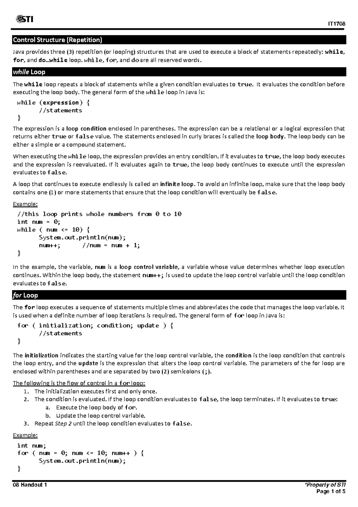Control Structures in Java: Loops, Breaks, and Continues (08 Handout 1 ...