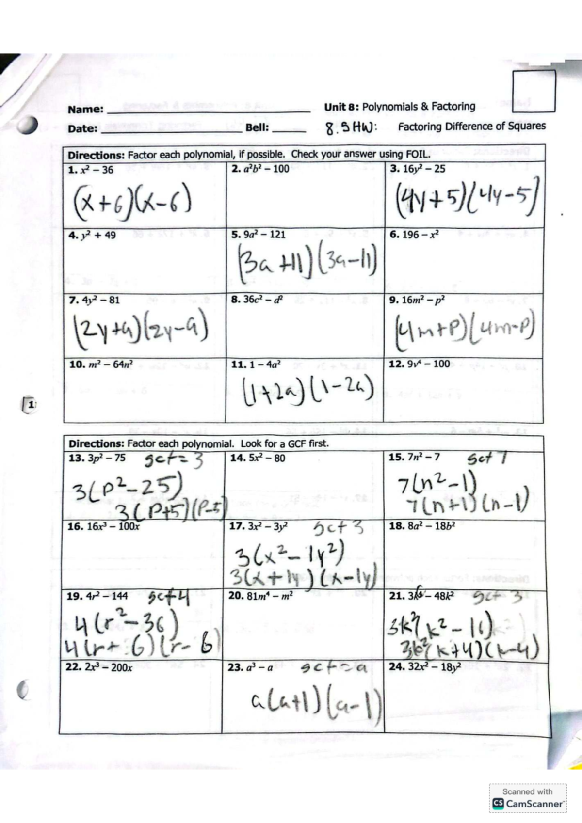 Unit 8: Polynomials & Factoring - HW 8.5 Solutions and Directions - Studocu