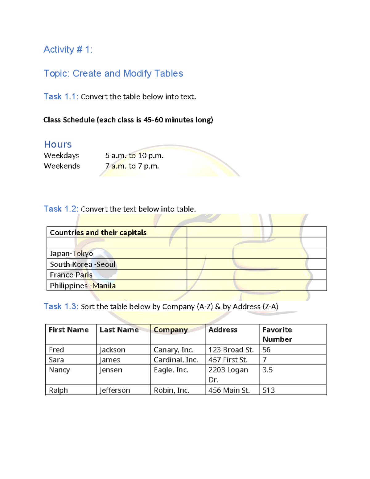 Activity 1-8: Table Creation, Formatting, and Writing Enhancement ...