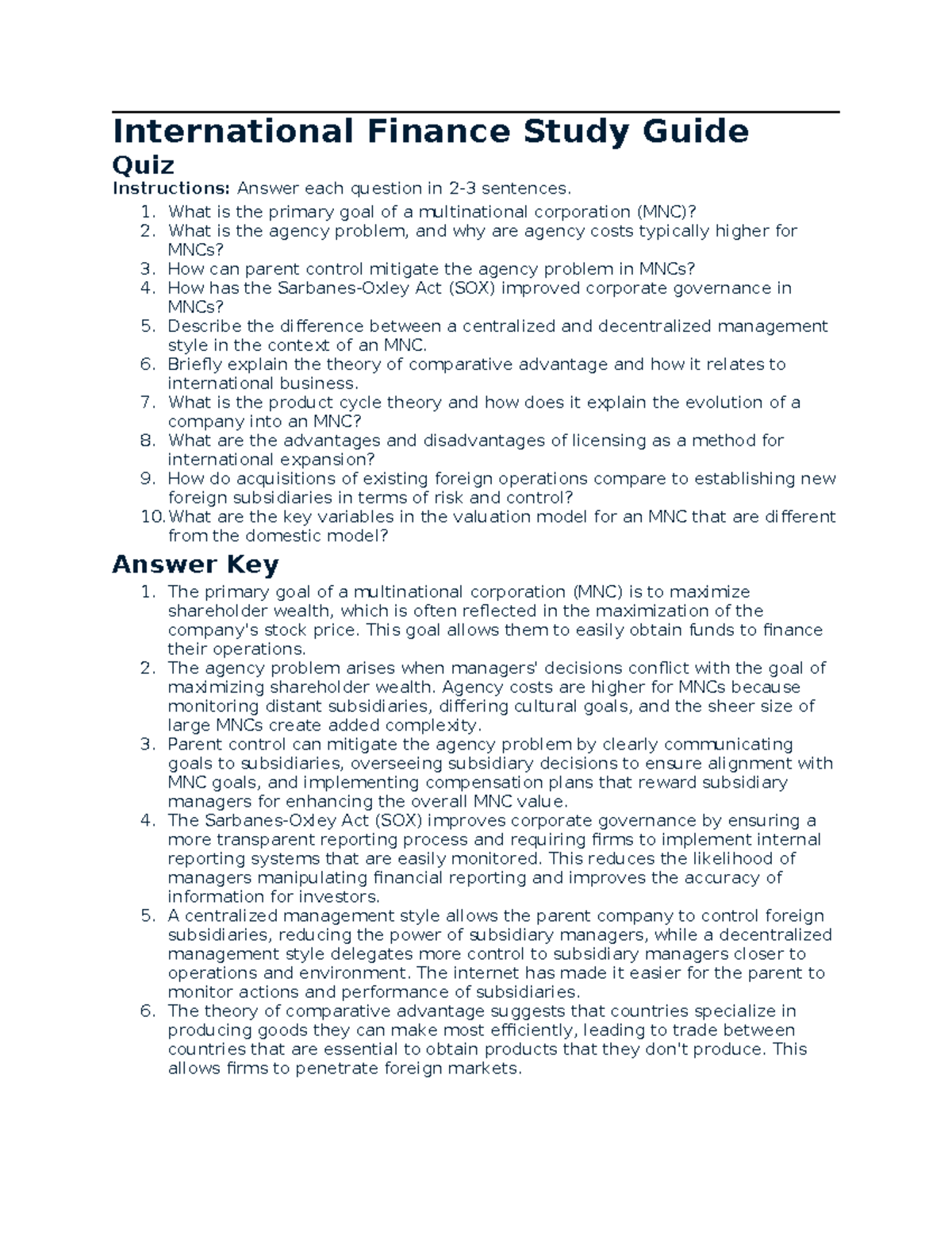 International Finance Quiz Study Guide (Chapter 1) - Studocu