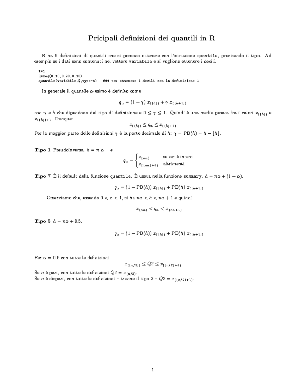 R - Definizioni di Quantili in R: Guida per R-Studio - Studocu
