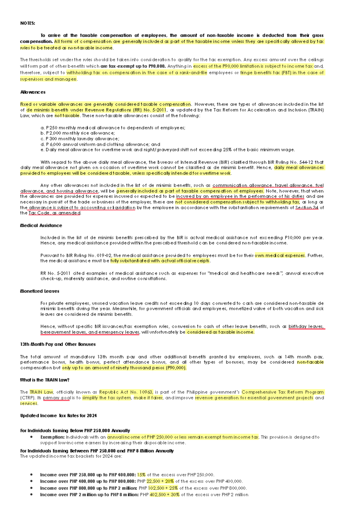 TAX Notes: Taxable Compensation & TRAIN Law Overview - Studocu