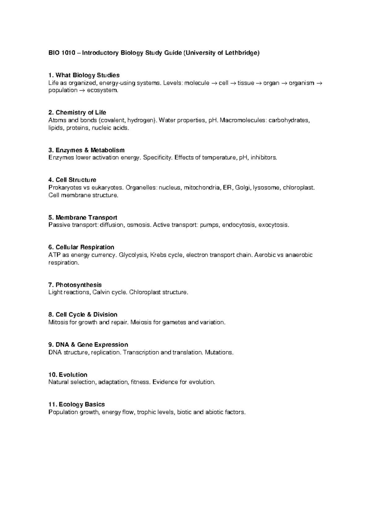 BIO 1010 Introductory Biology Study Guide - Key Concepts - Studocu