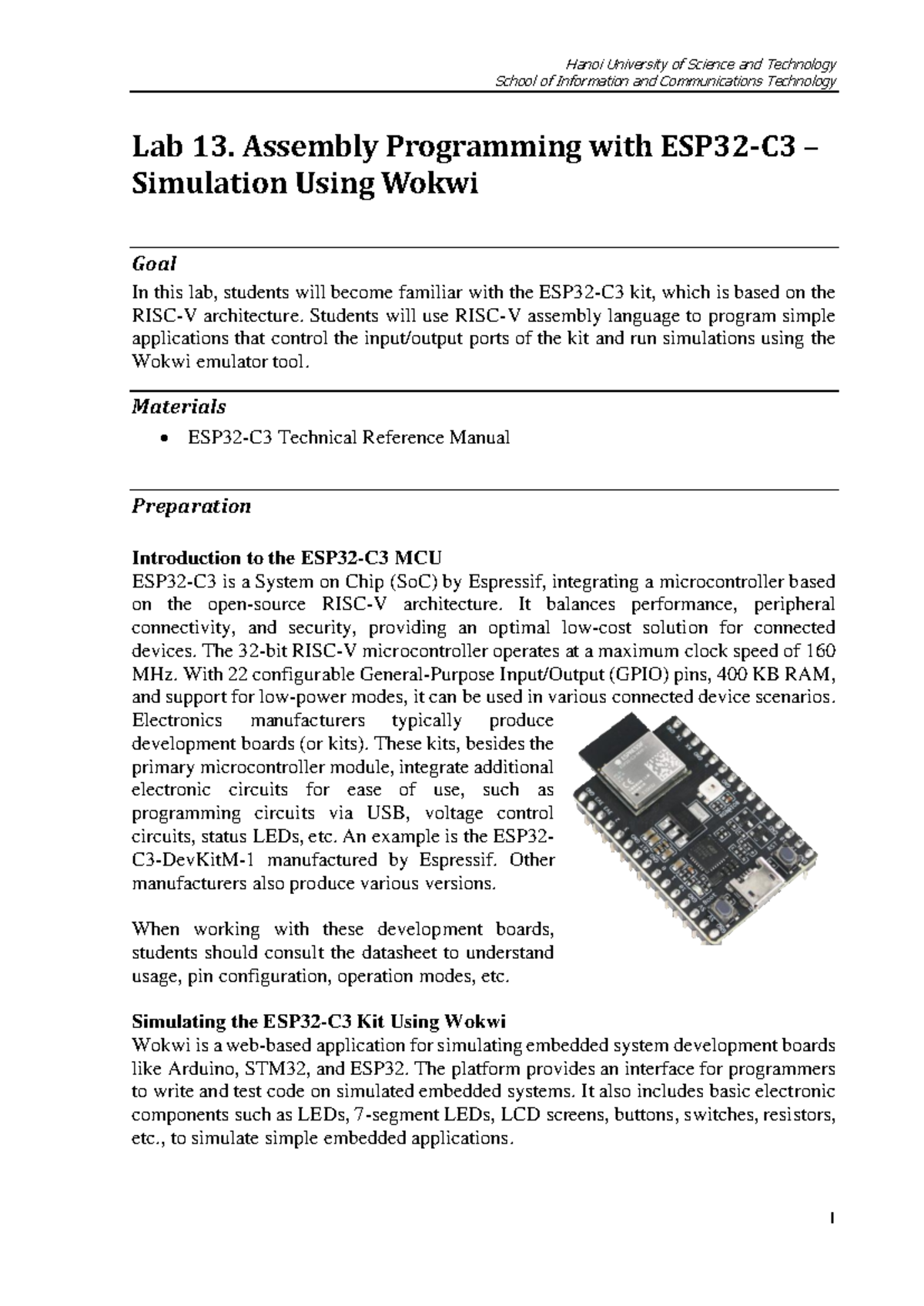 Lab 13: Assembly Programming with RISC-V on ESP32-C3 Using Wokwi - Studocu
