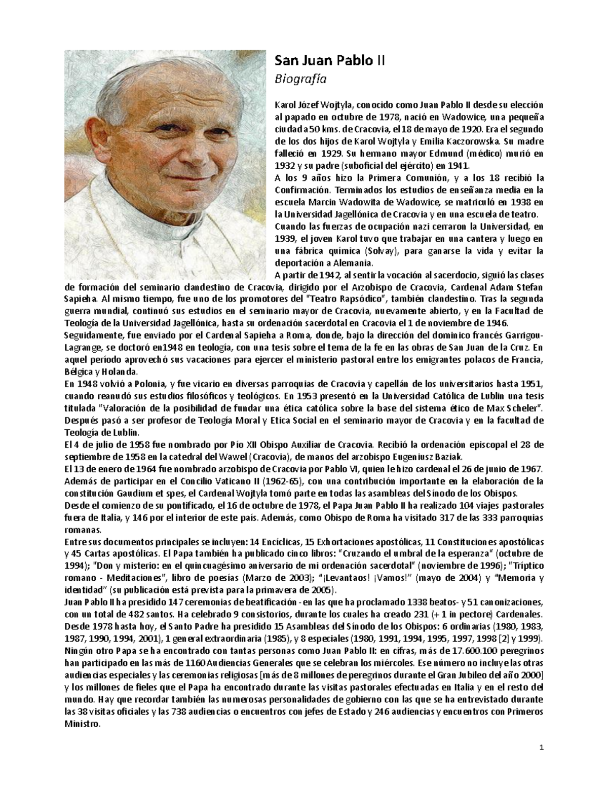 Biografía de San Juan Pablo II: Vida y Legado del Papa Wojtyla - Studocu