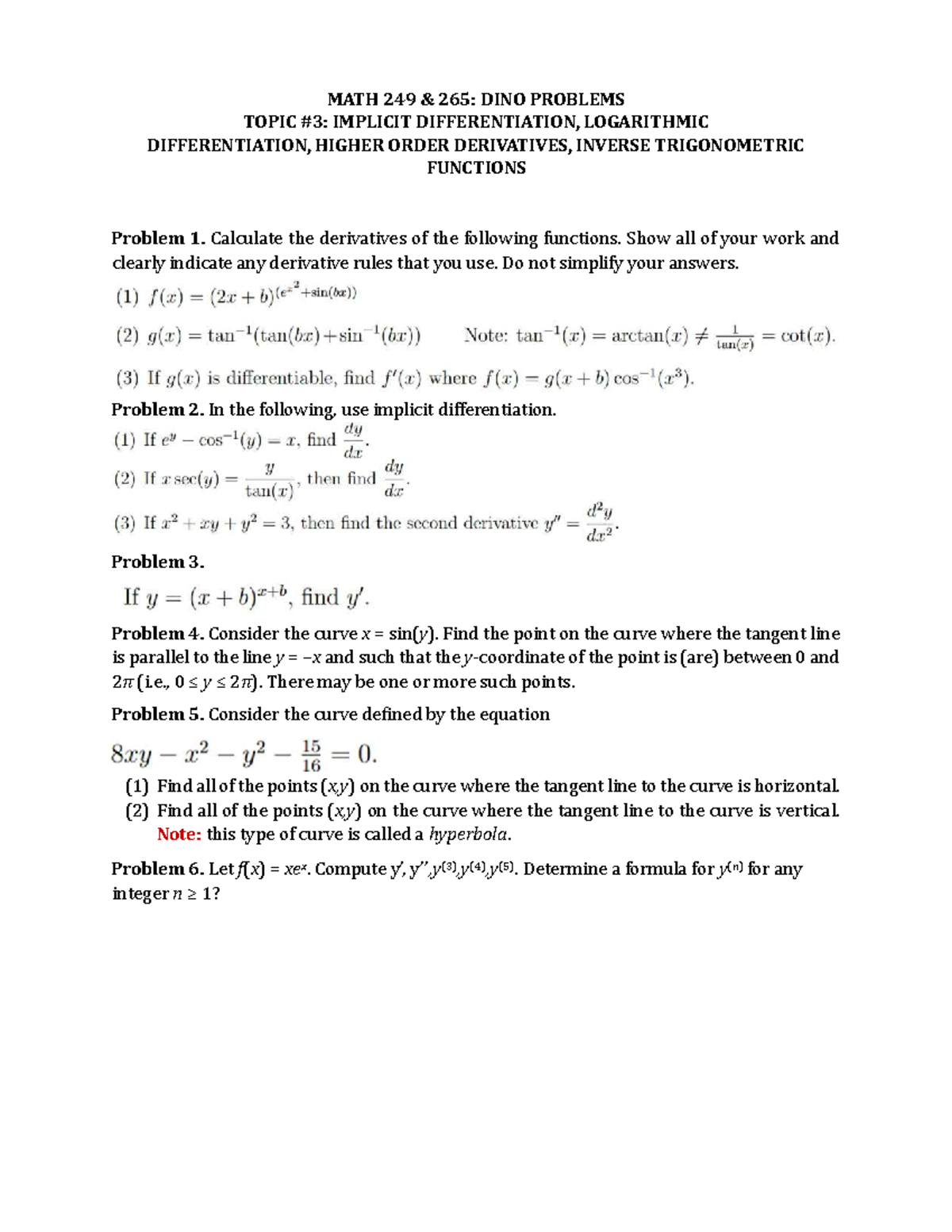 MATH 249: Implicit & Logarithmic Differentiation Problems - Studocu
