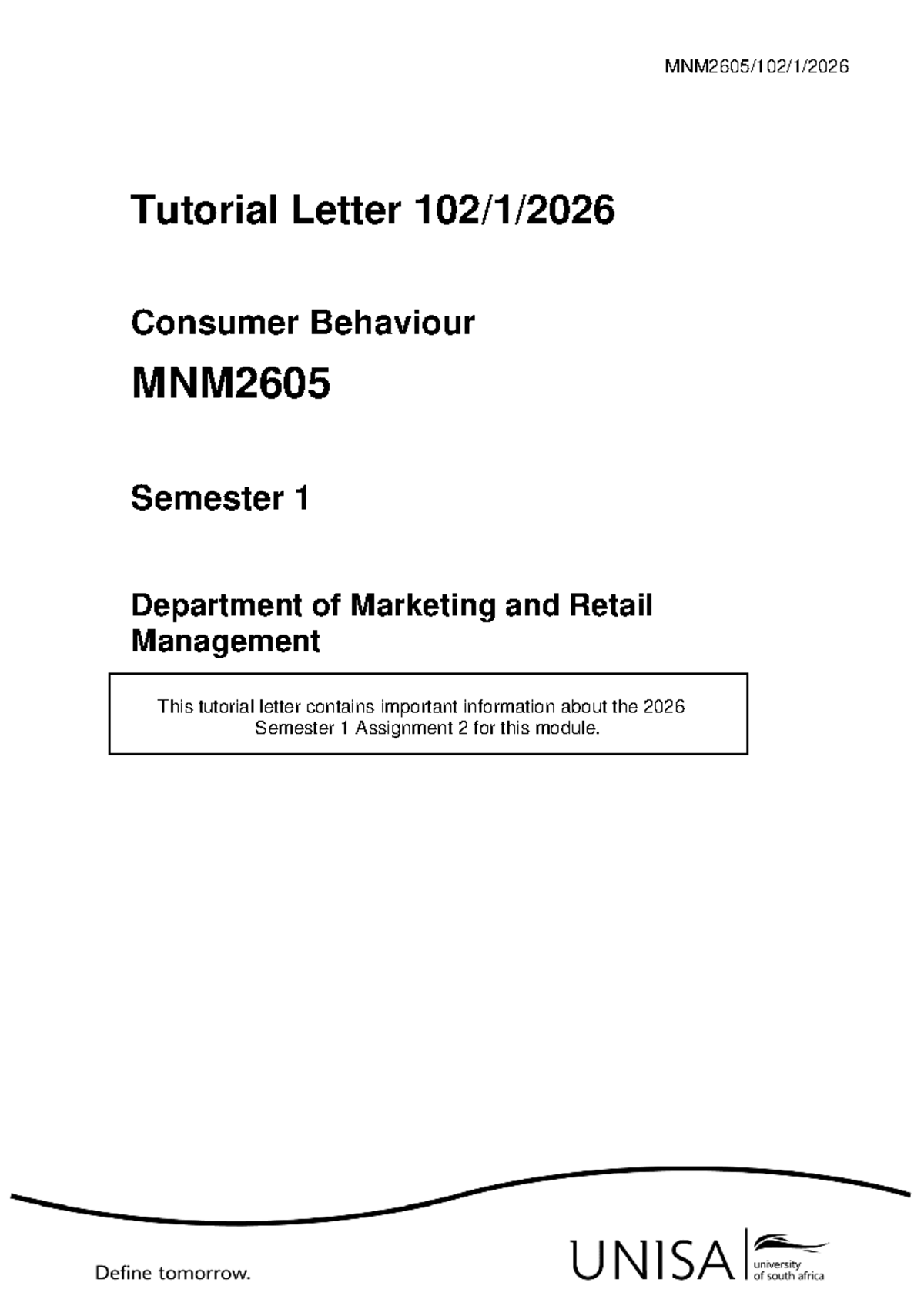 MNM2605 Tutorial Letter: Assignment 02 Guidelines for 2026 Semester 1 ...