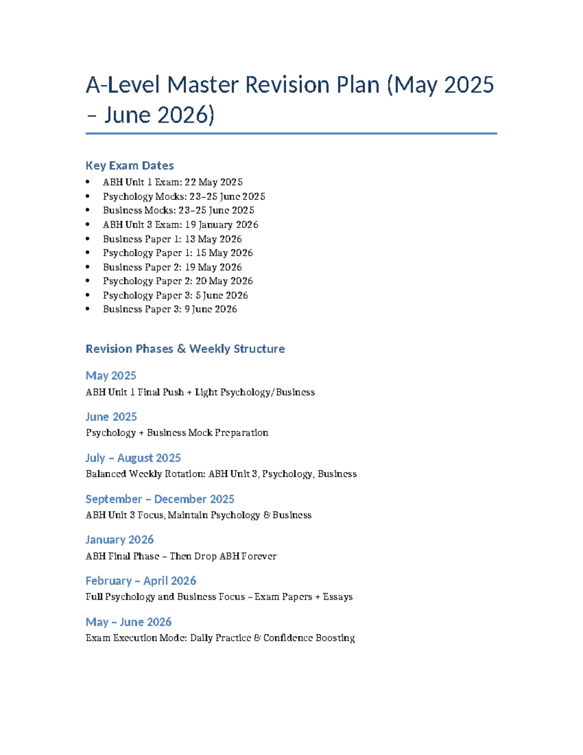 A-Level Revision Timetable: May 2025 to June 2026 Plan - Studocu