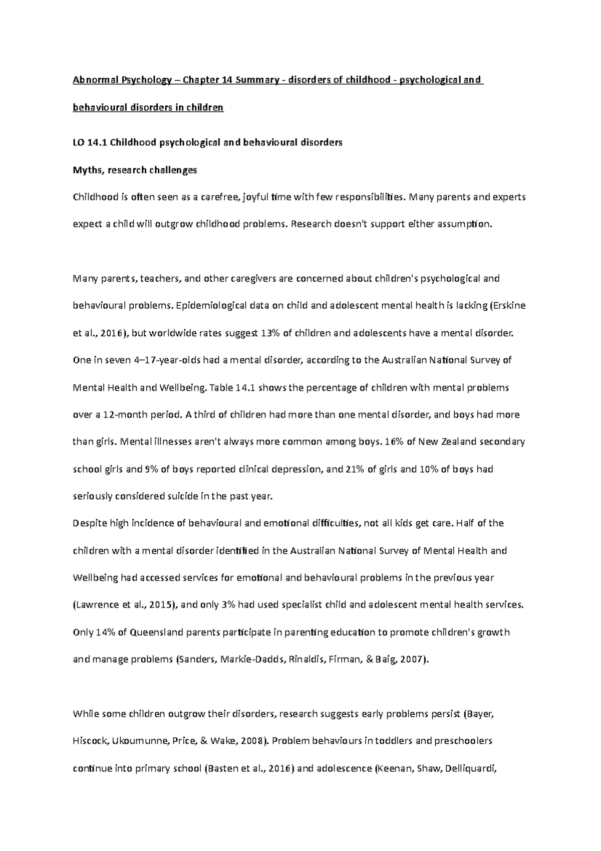 Abnormal Psychology - Ch 14 Summary: Childhood Disorders & History ...