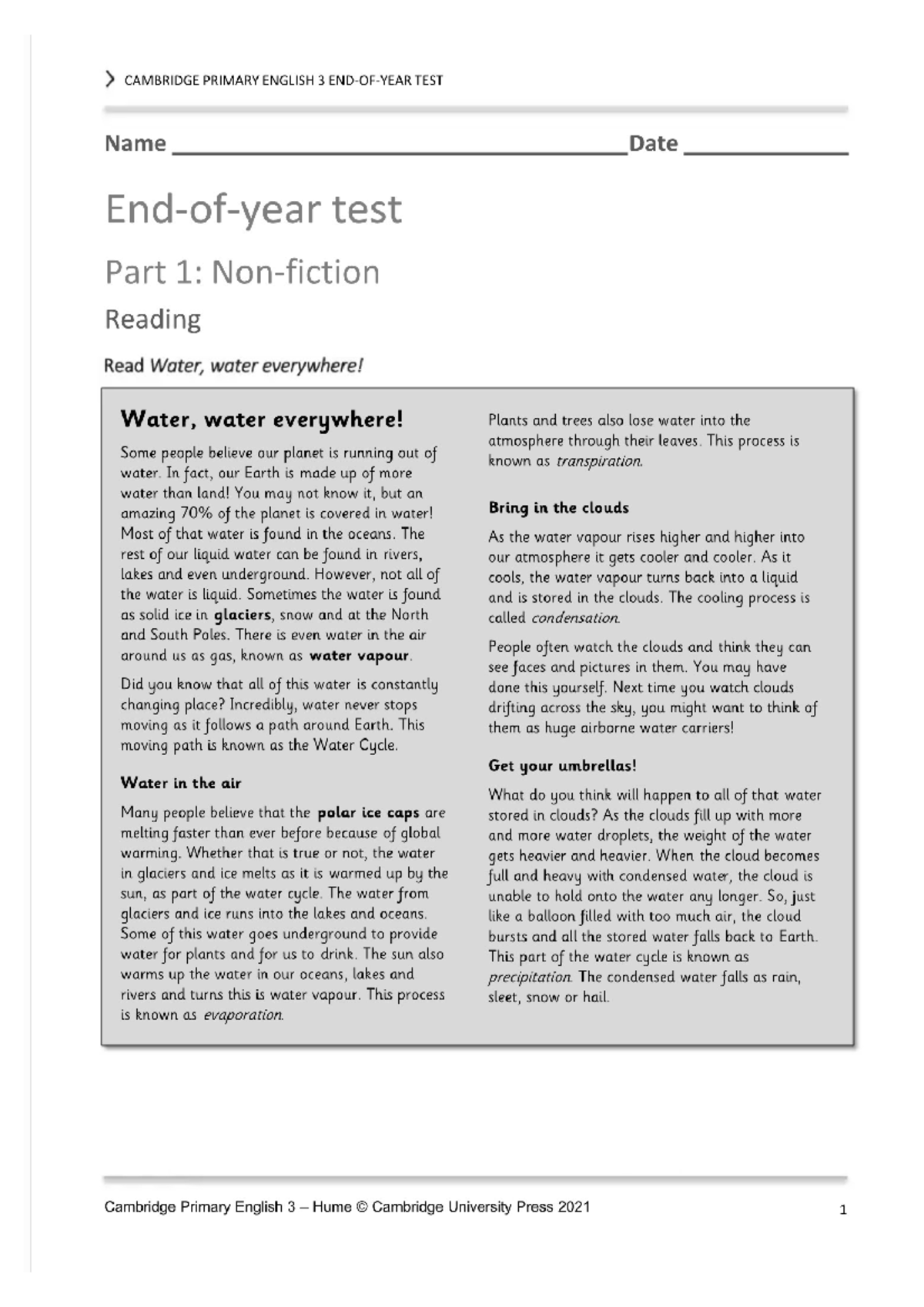 CAMBRIDGE PRIMARY ENGLISH 3 TEST: Understanding the Water Cycle - Studocu
