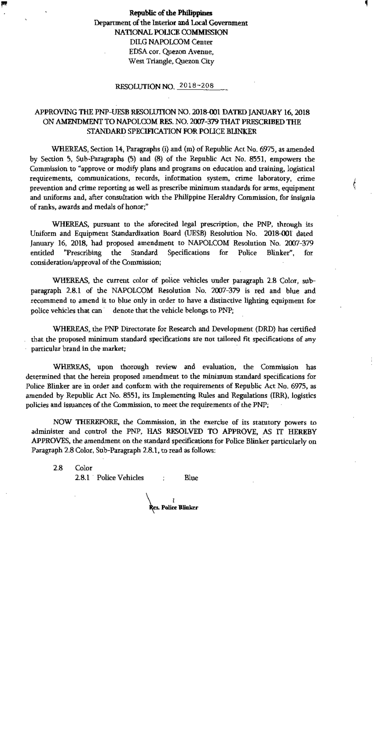 NAPOLCOM RESOLUTION 2018-208: AMENDMENT FOR POLICE BLINKERS - Studocu