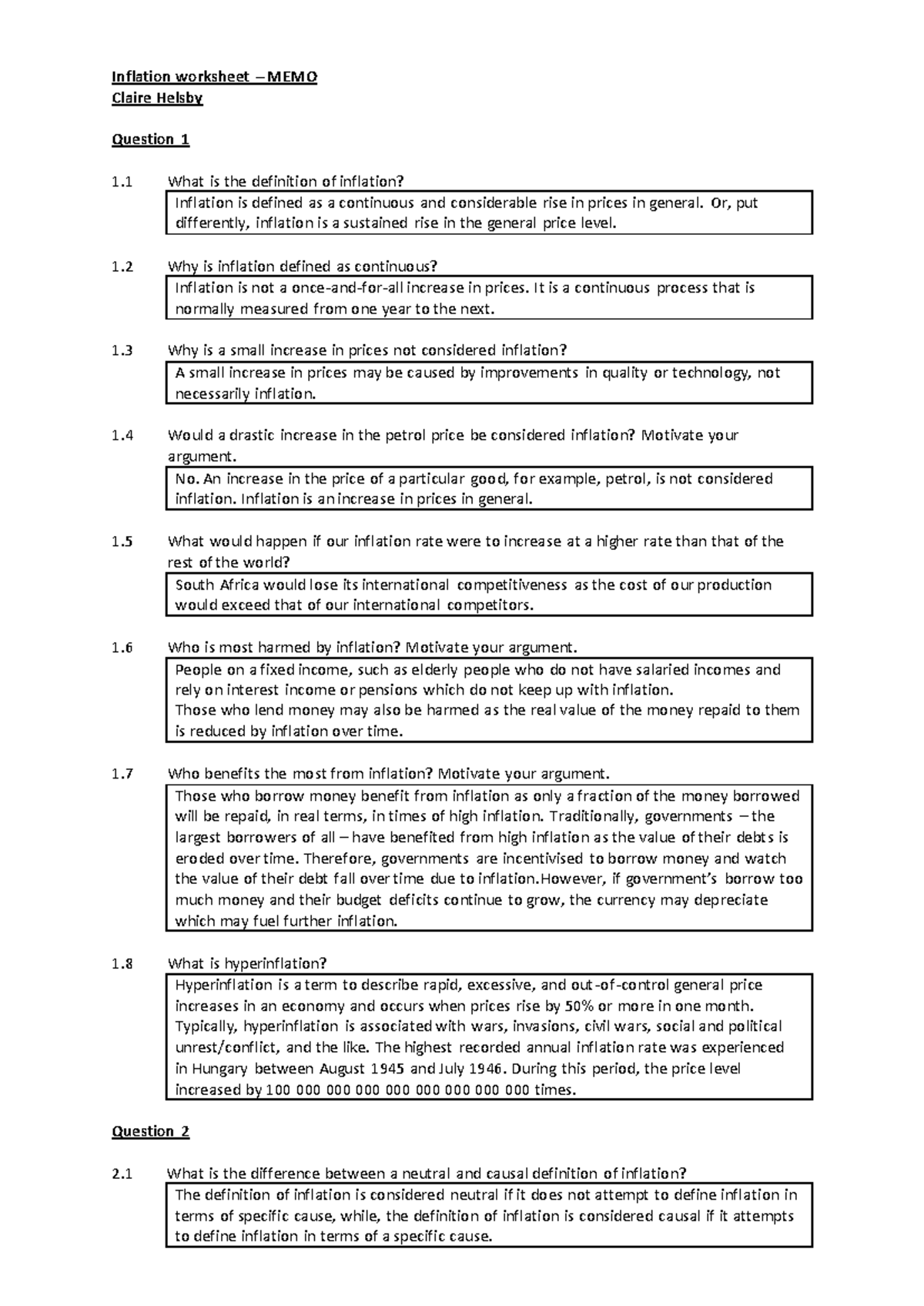 Economics 101: Inflation Overview and Worksheets - MEMO - Studocu