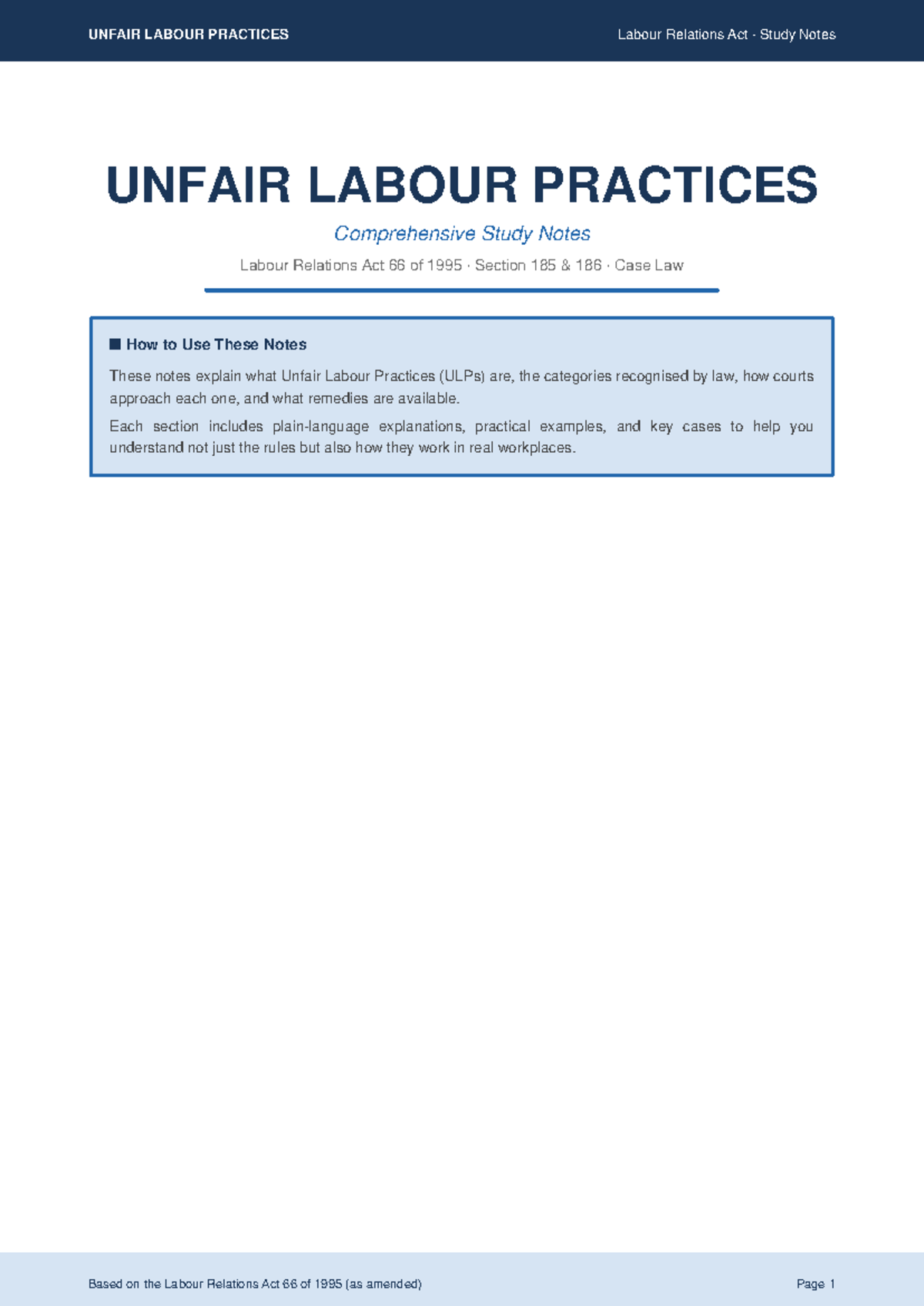 UNFAIR LABOUR PRACTICES (LRA 66/1995) Comprehensive Study Notes - Studocu