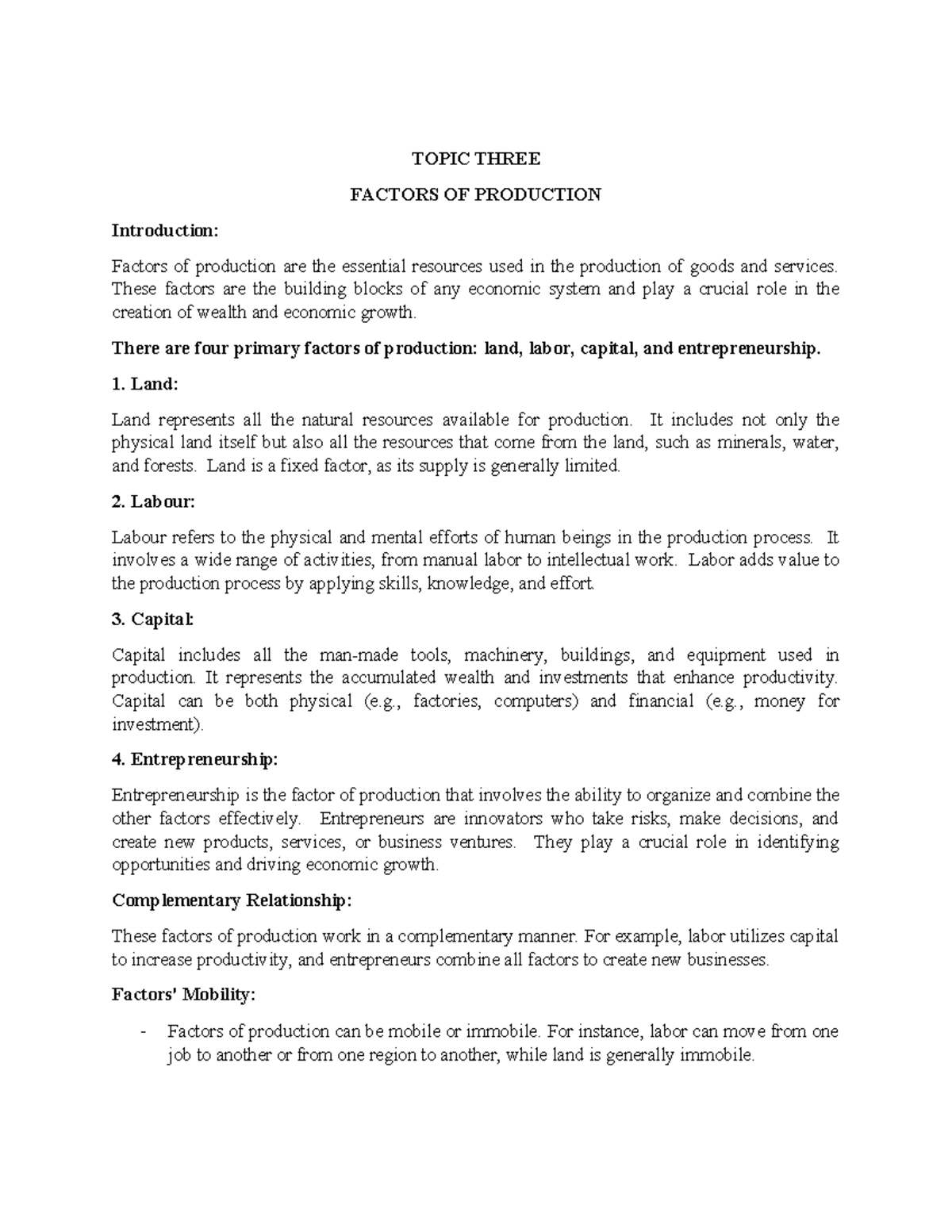 Factors of Production: Overview & Labor Dynamics - ECON 101 Notes - Studocu
