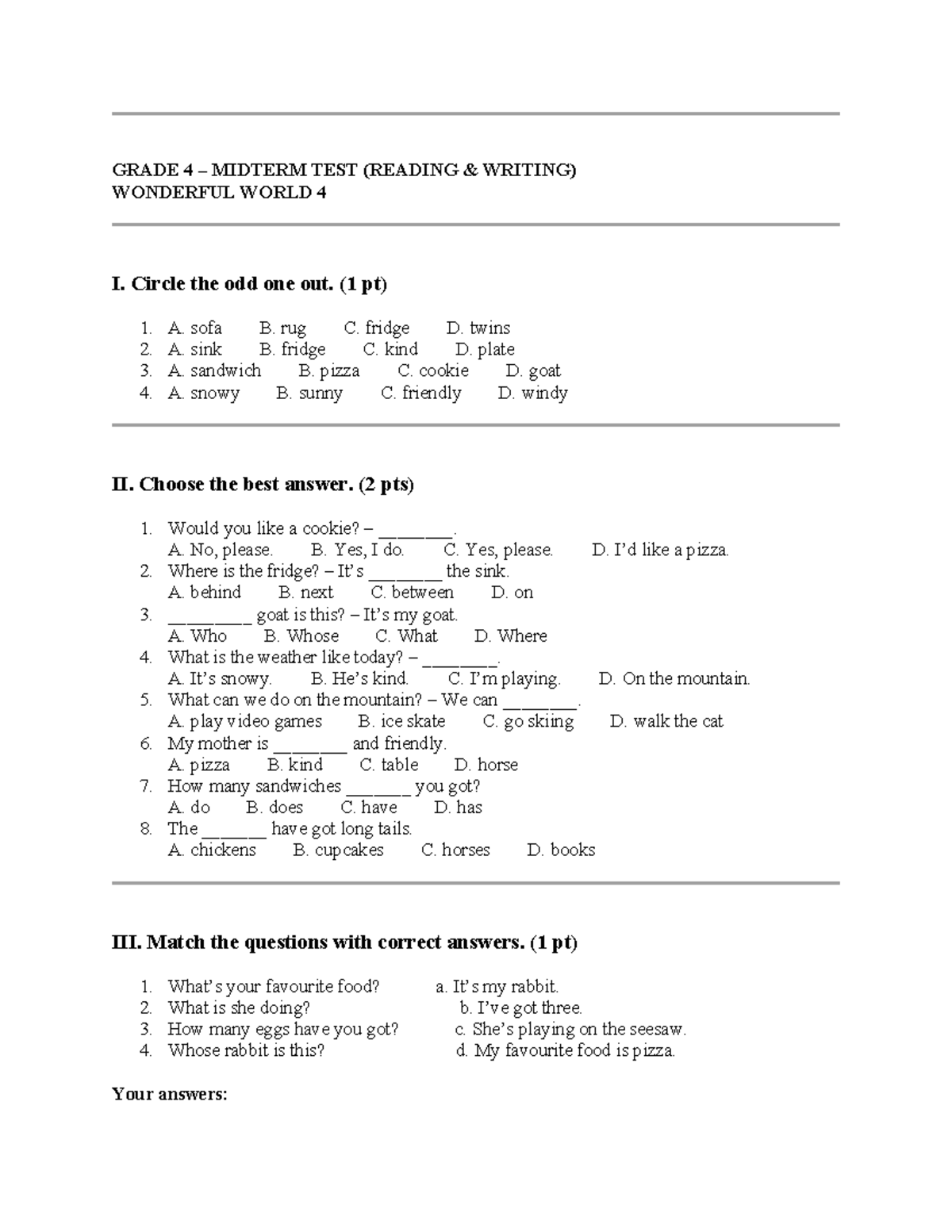 GRADE 4 MIDTERM TEST (READING & WRITING) - WONDERFUL WORLD 4 - Studocu
