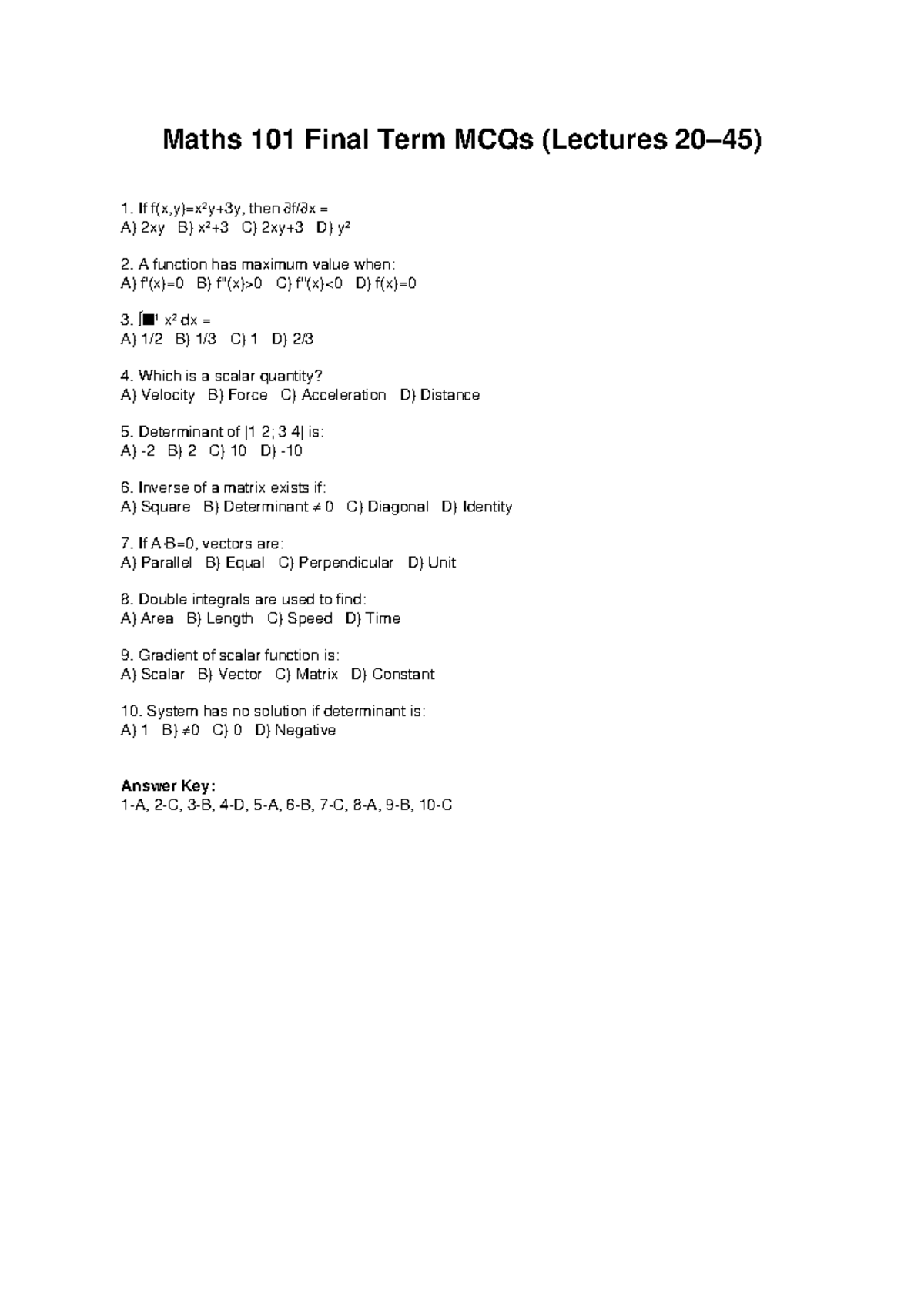 Maths 101 Final Term MCQs (Lectures 20-45) - Studocu