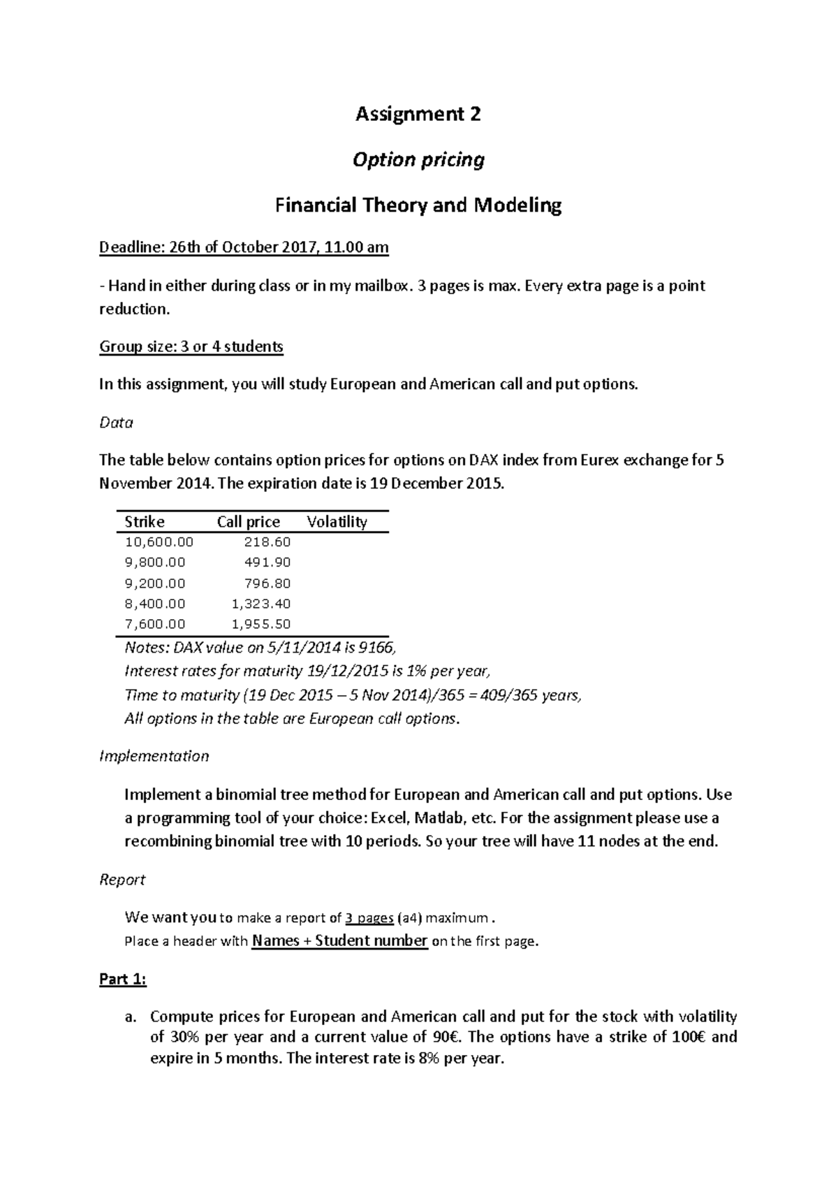 Assignment 2 - European & American Options Pricing Analysis - Studeersnel