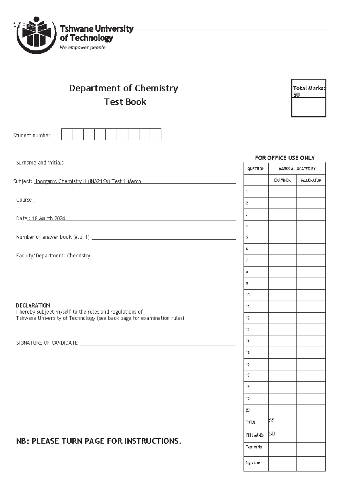 Inorganic Chemistry II (INA216X) Test 1 Memo - March 2024 - Studocu