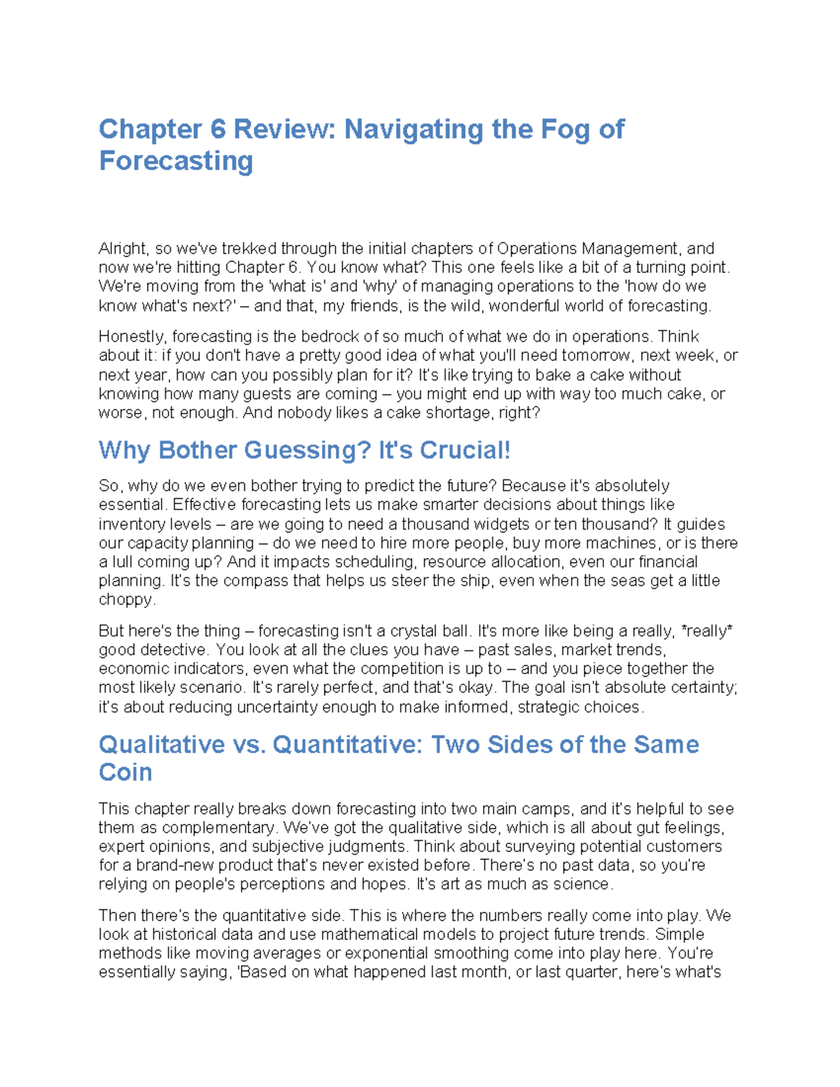 Operations Management (OM) Chapter 6 Review: The Art of Forecasting ...