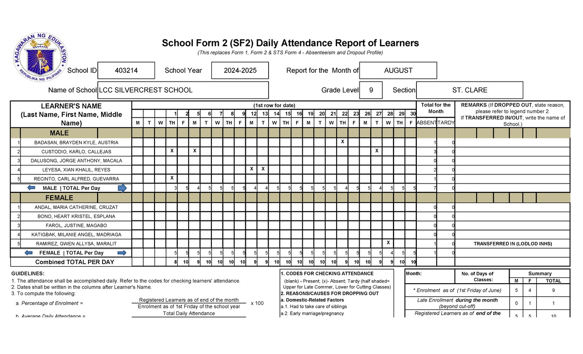 SF2 Daily Attendance Report for LCC Silvercrest School - Month of ...