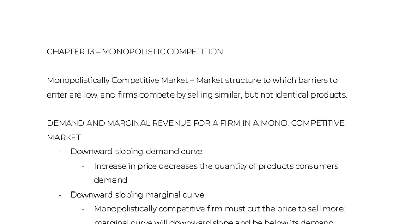 CHAPTER 13 - MONOPOLISTIC COMPETITION IN ECON 101 - Studocu