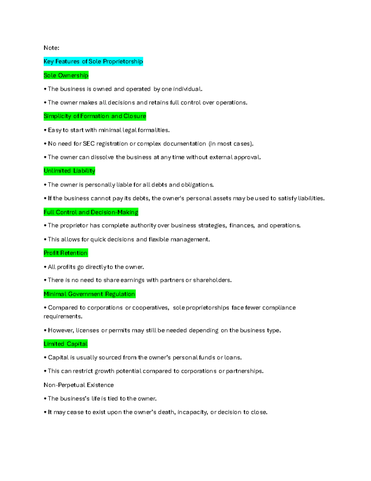 Chapter 4 Notes: Key Features of Sole Proprietorship, Partnership, and ...