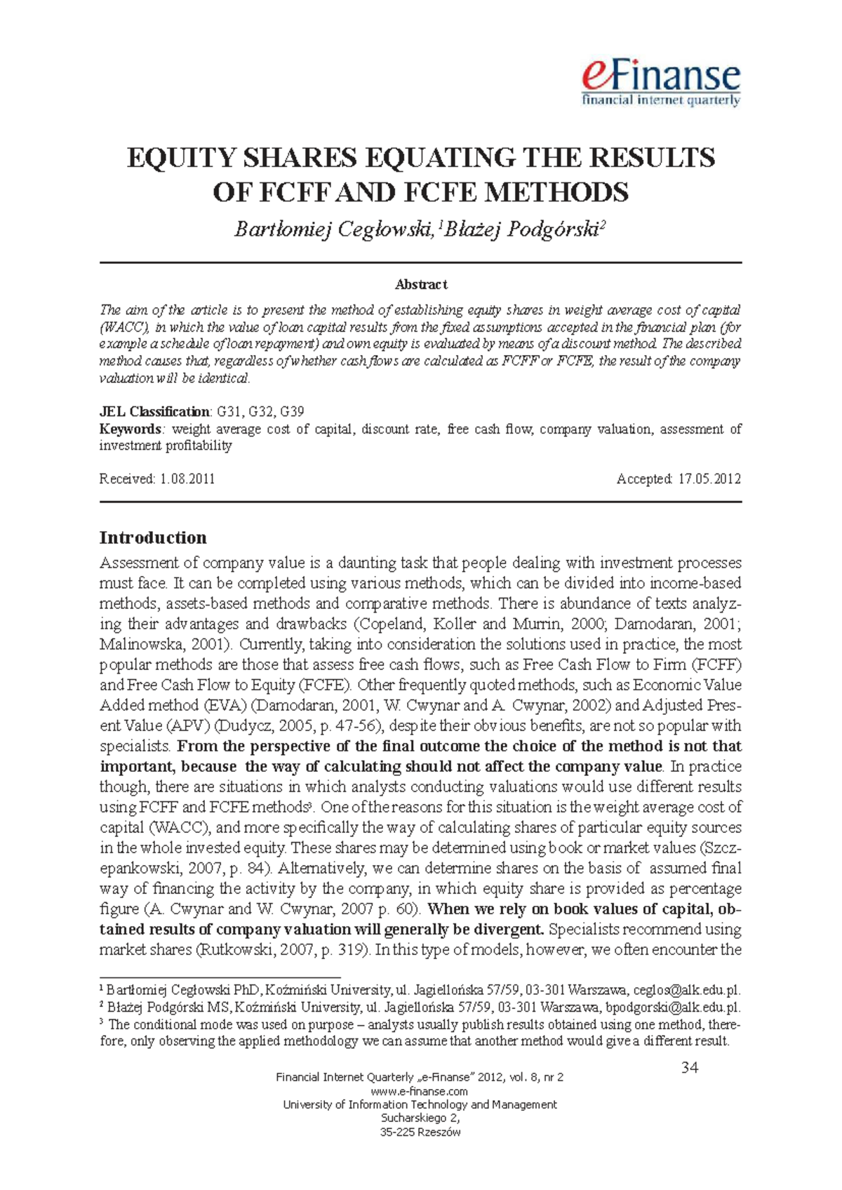 Equity Shares Valuation: FCFF vs. FCFE Methods (218) - Studocu