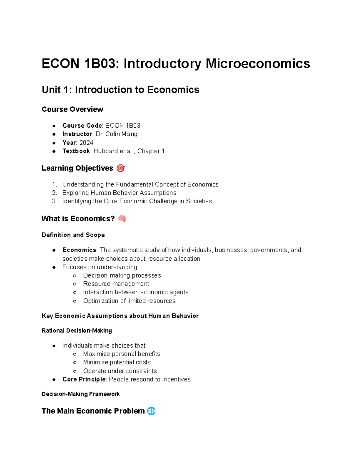 ECON 1B03: Introductory Microeconomics Unit 1 Study Notes on Economic ...