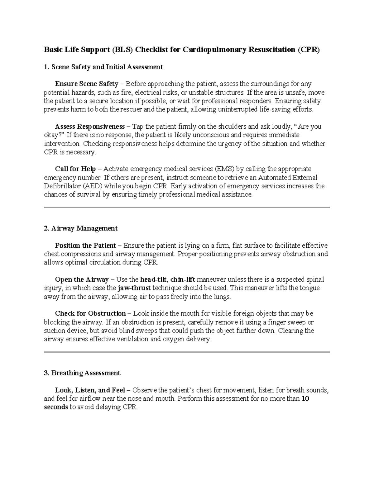BLS Checklist for CPR: Essential Steps for Life-Saving Techniques - Studocu