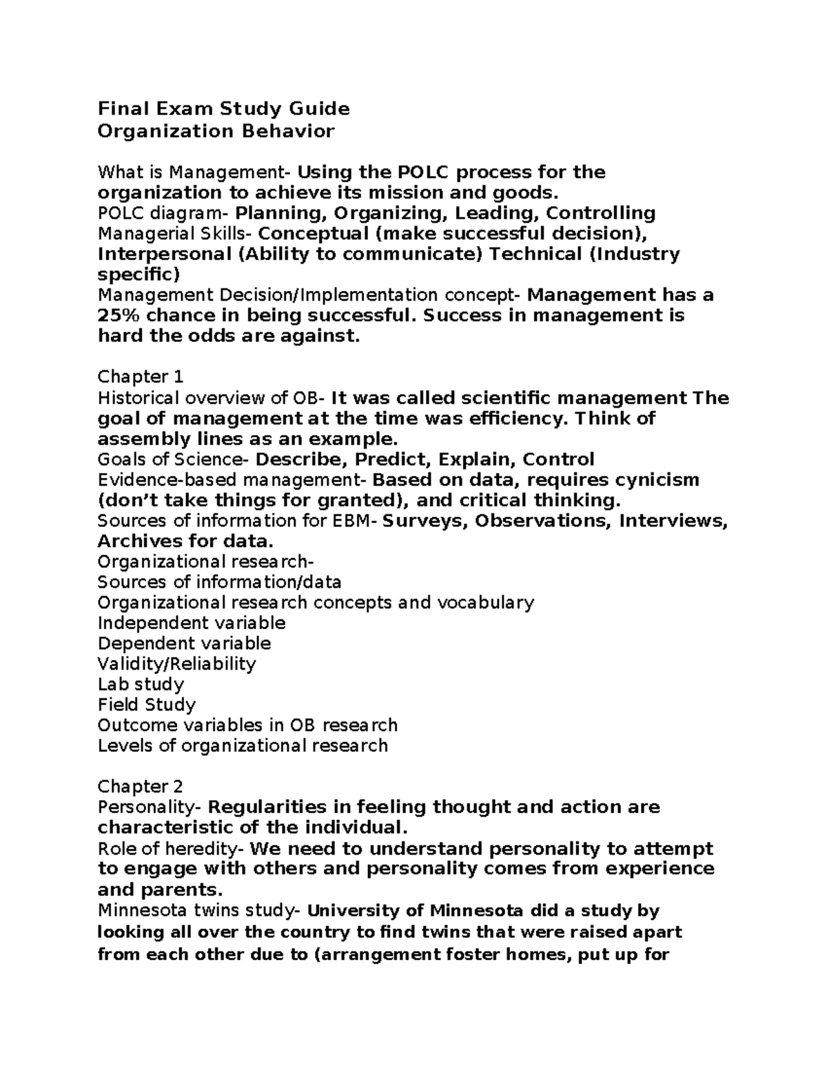 Comprehensive Study Guide for Organizational Behavior (OB 101) - Studocu