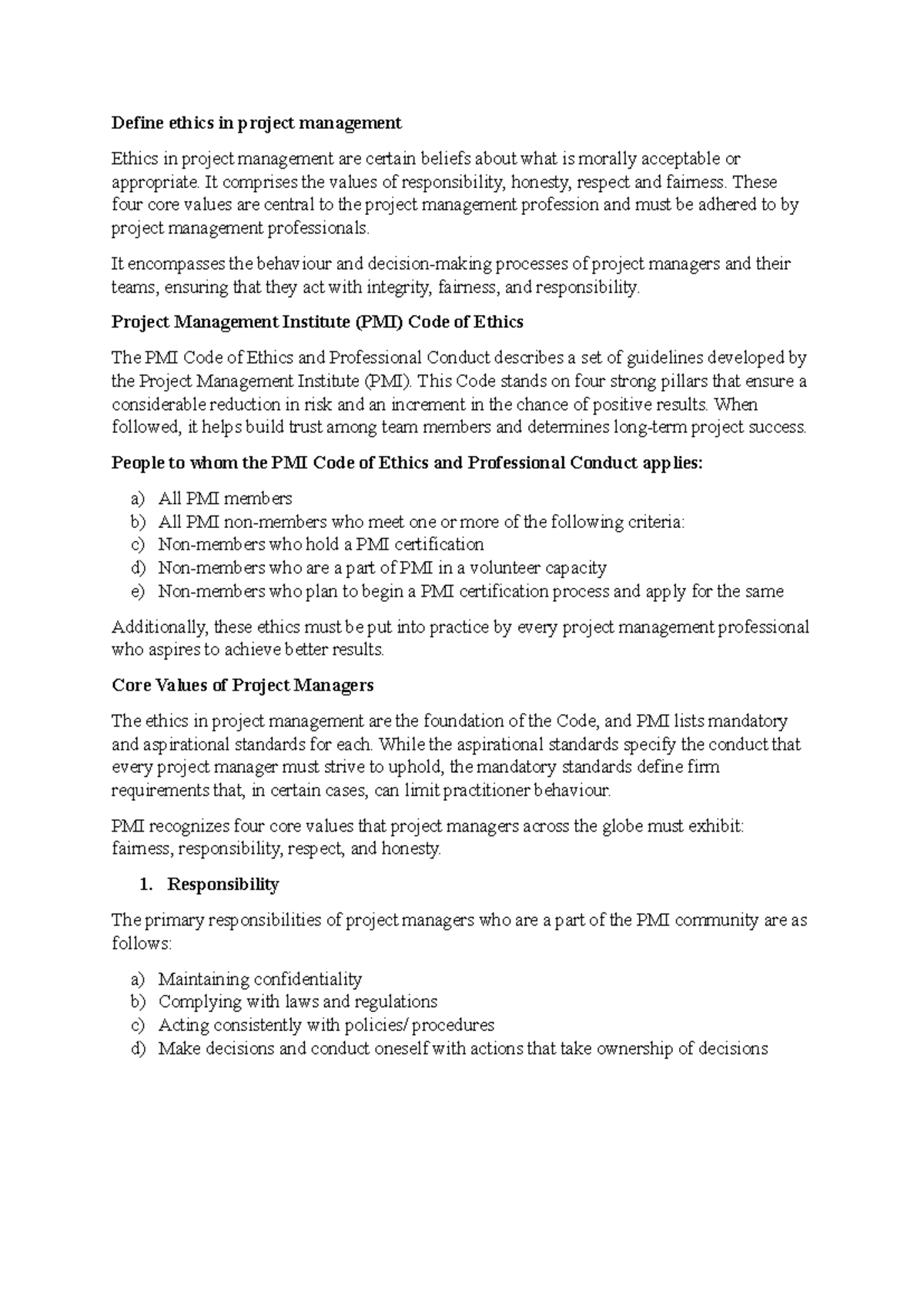 Ethics in Project Management: Core Values & PMI Guidelines - Studocu