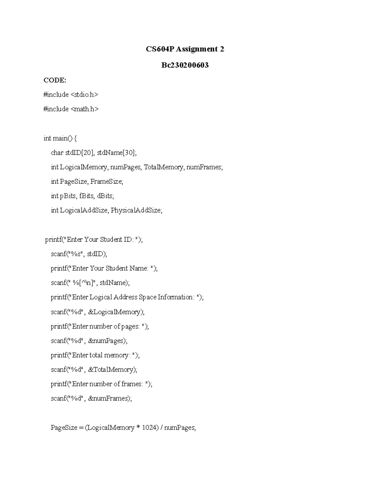 Hamza cs604p - Free - CS604P Assignment 2 Bc CODE: #include #include ...