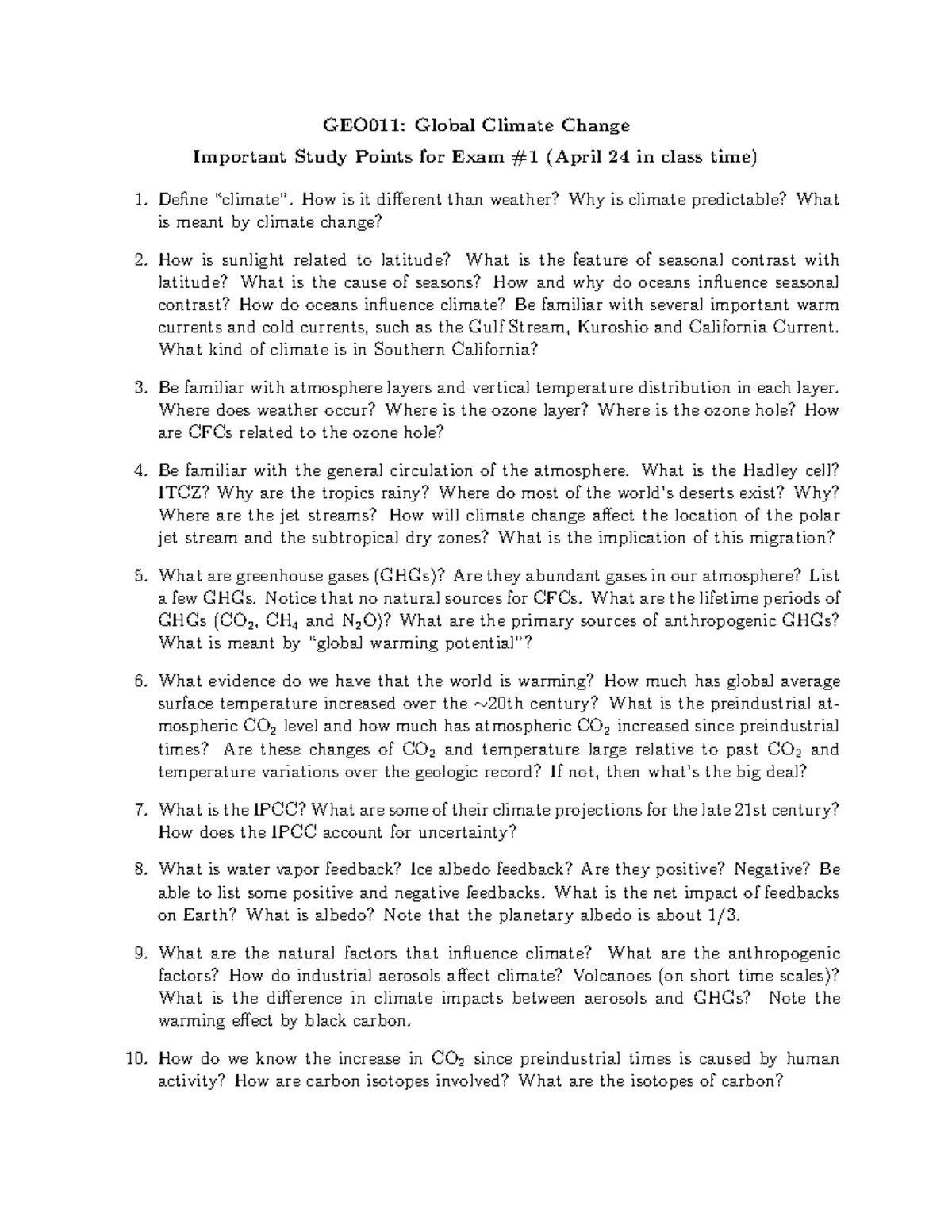 GEO011: Global Climate Change Exam #1 Study Points for 2024 - Studocu