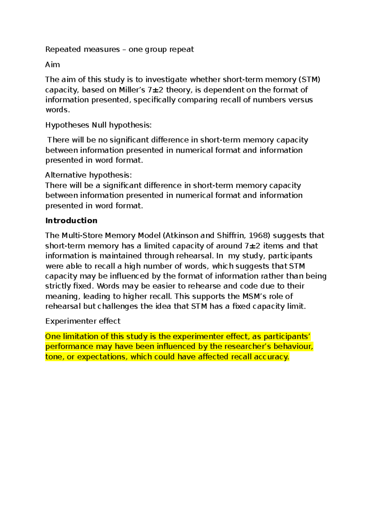 Repeated Measures Study on STM Capacity: Numbers vs. Words - Studocu