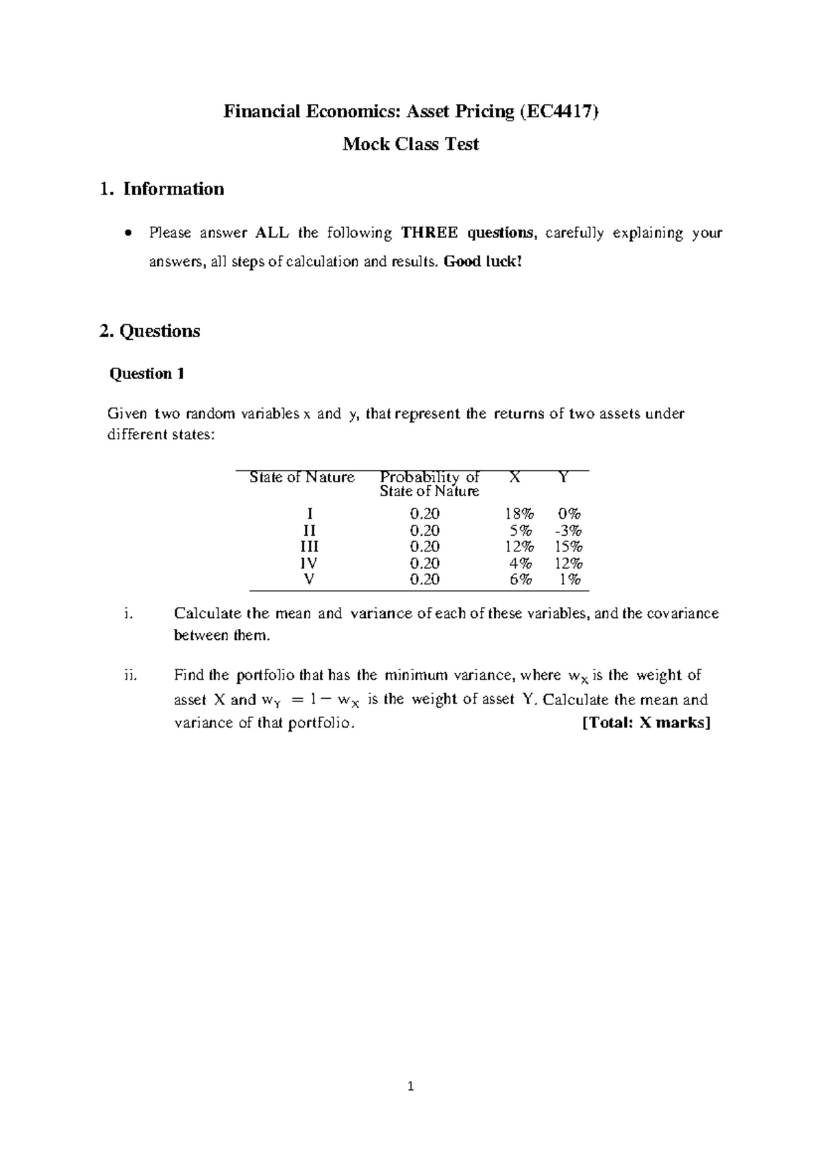 EC4417 Mock Class Test - 1 Financial Economics: Asset Pricing (EC4417 ...