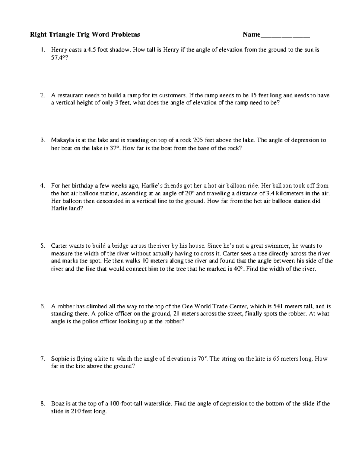 Trig Word Problems Classwork-2 - Right Triangle Trig Word Problems Name ...