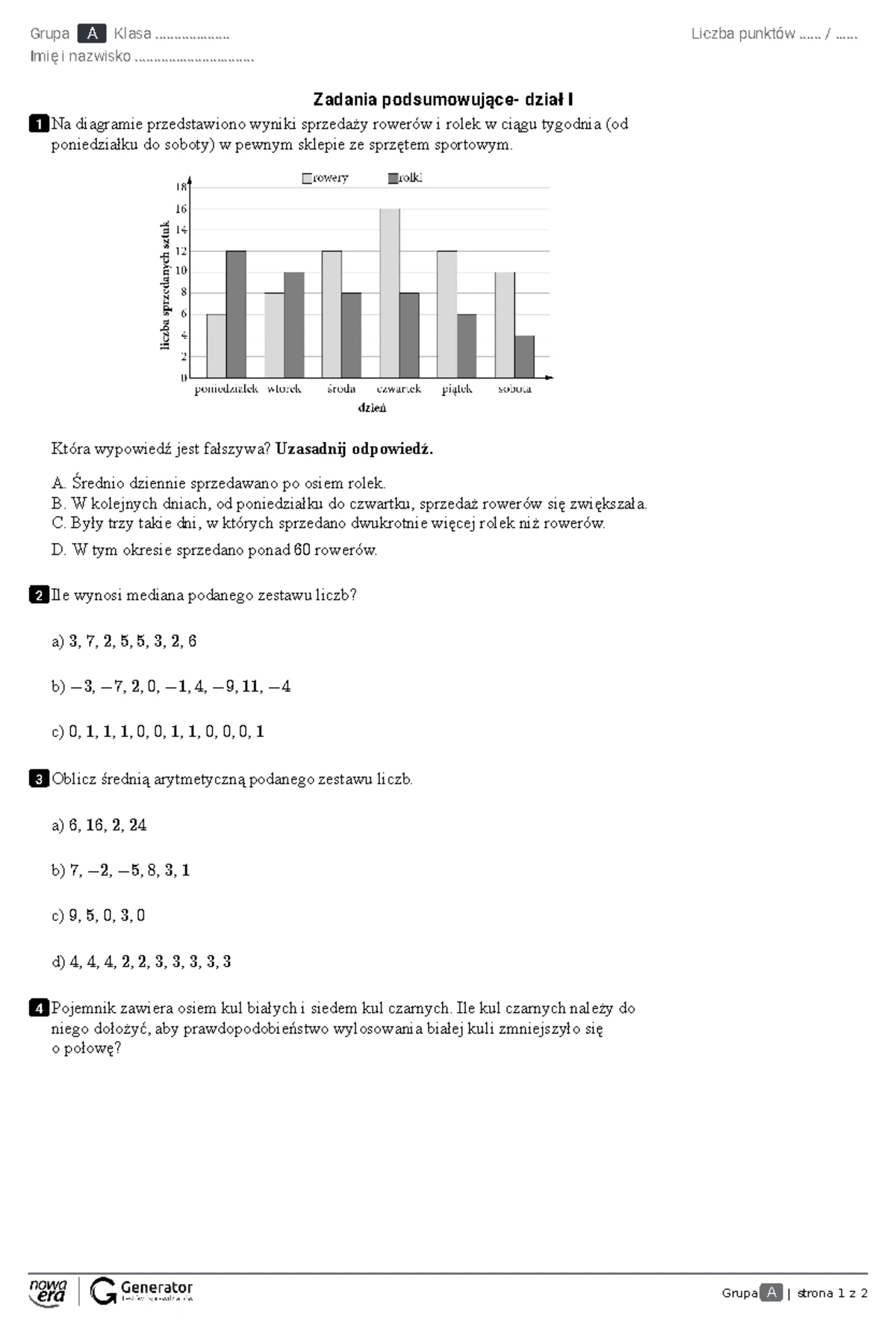 Sprawdzian Statystyki Gimnazjum 2 Zadane www.studocu.com