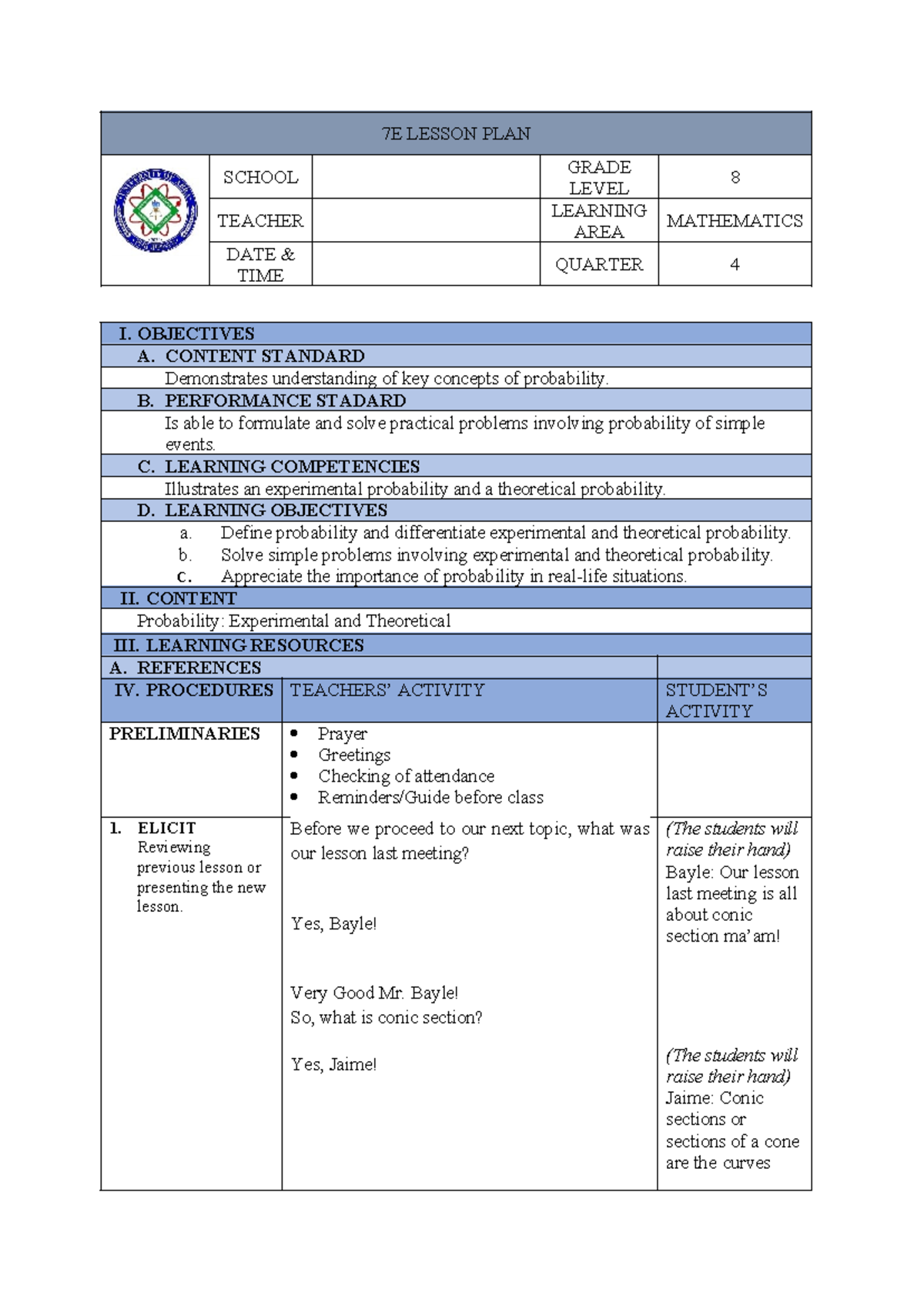 7E LESSON PLAN: Understanding Experimental & Theoretical Probability ...