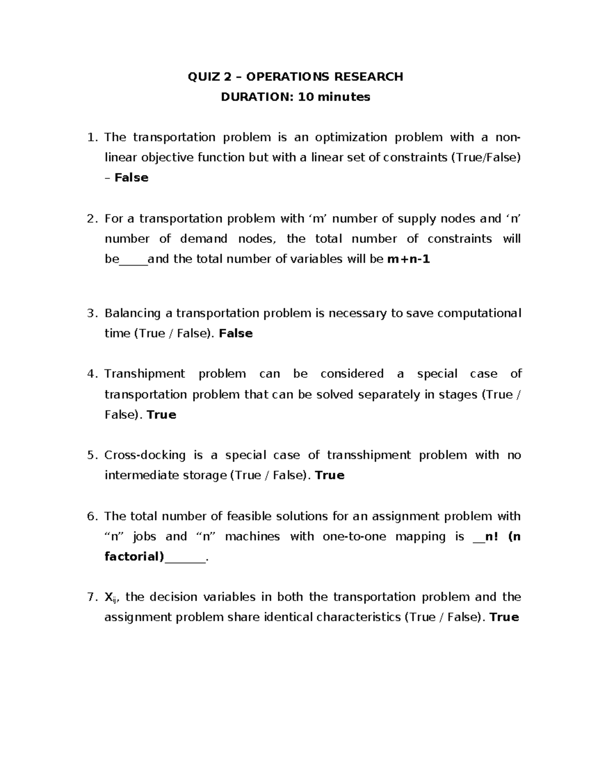 QUIZ 2: TRANSPORTATION IN OPERATIONS RESEARCH - Studocu