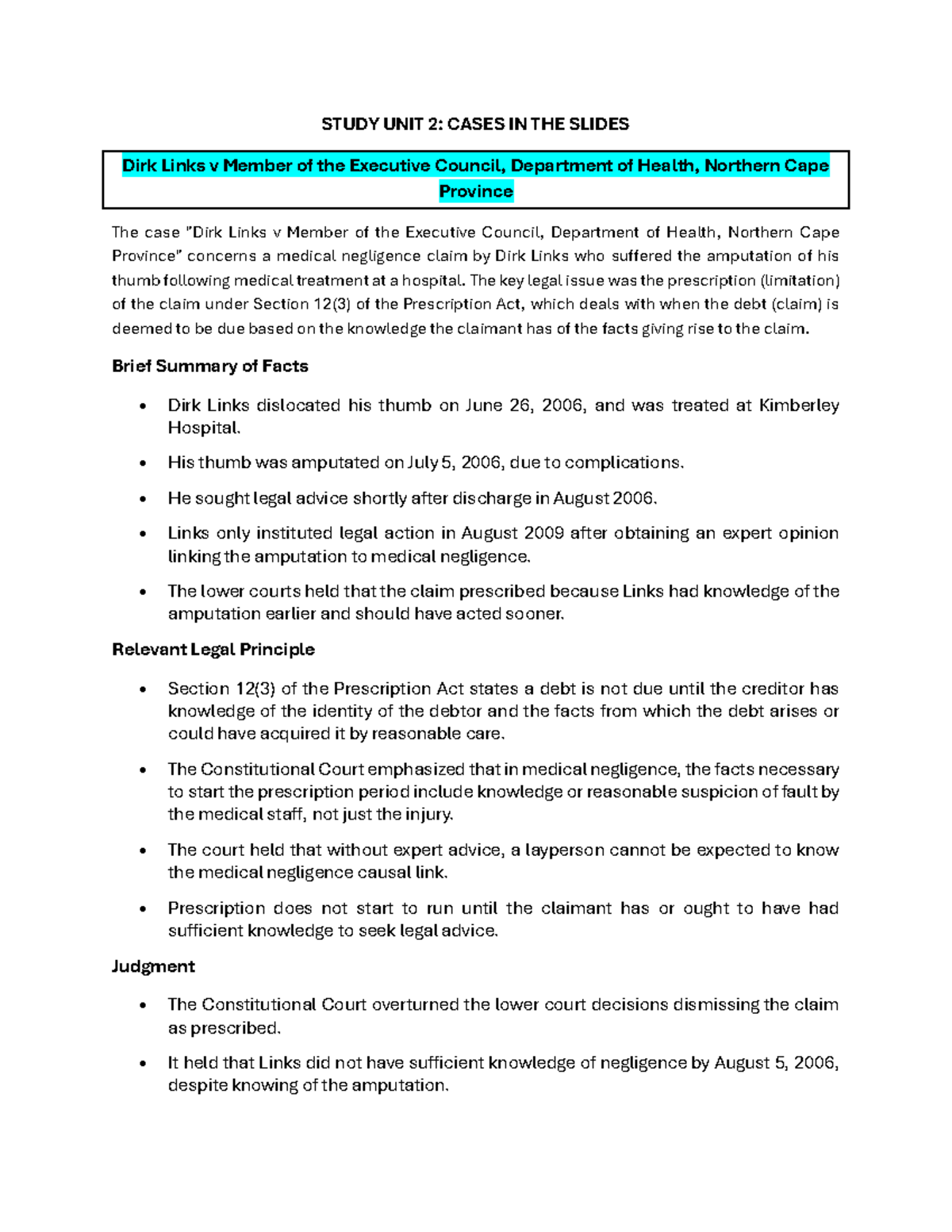 Case Summaries SU 2-5: Key Legal Principles and Judgments - Studocu