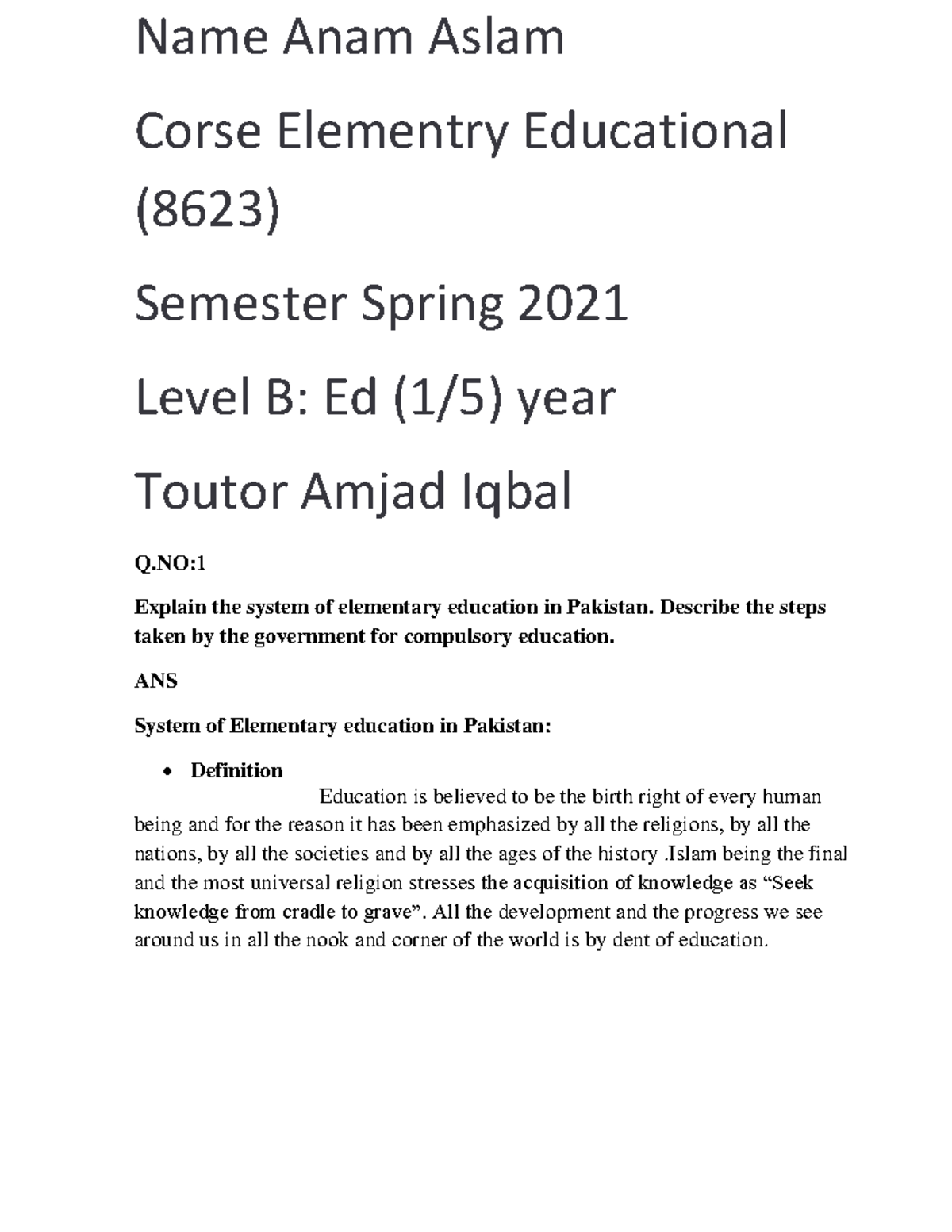 8623 Assignment no. 1 - Corse Elementry Educational (8623) Semester ...