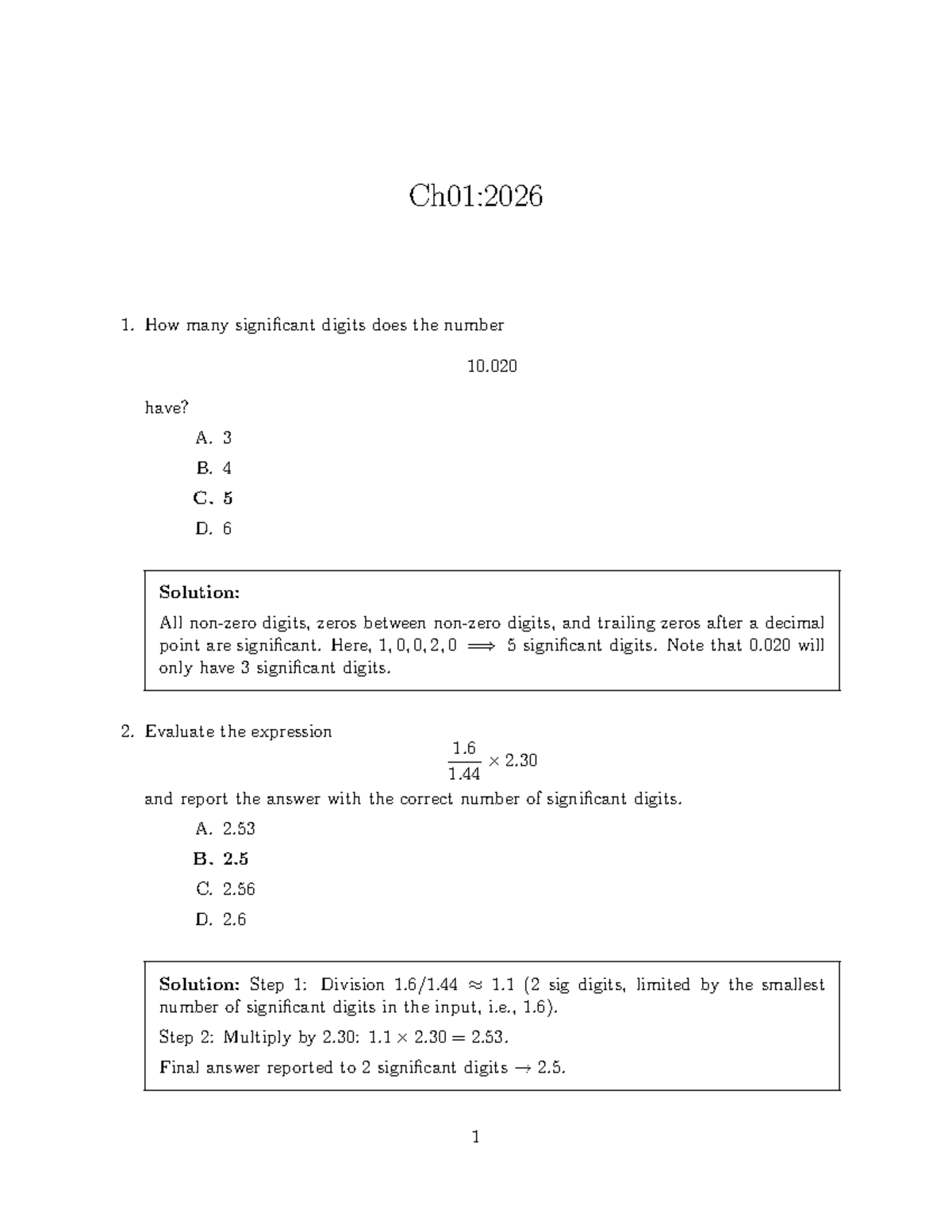 Ch01:2026 Tutorial Questions on Significant Digits and Calculations ...