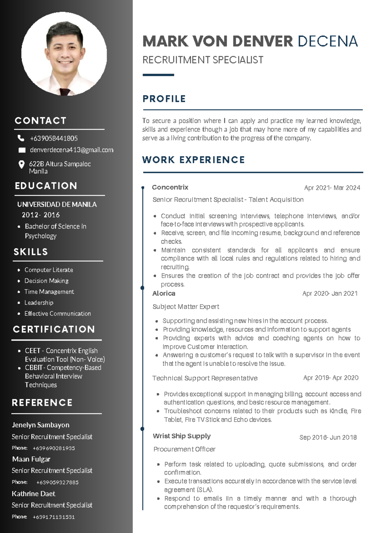 Decena-Resume - Professional Resume Draft for Recruitment Specialist ...