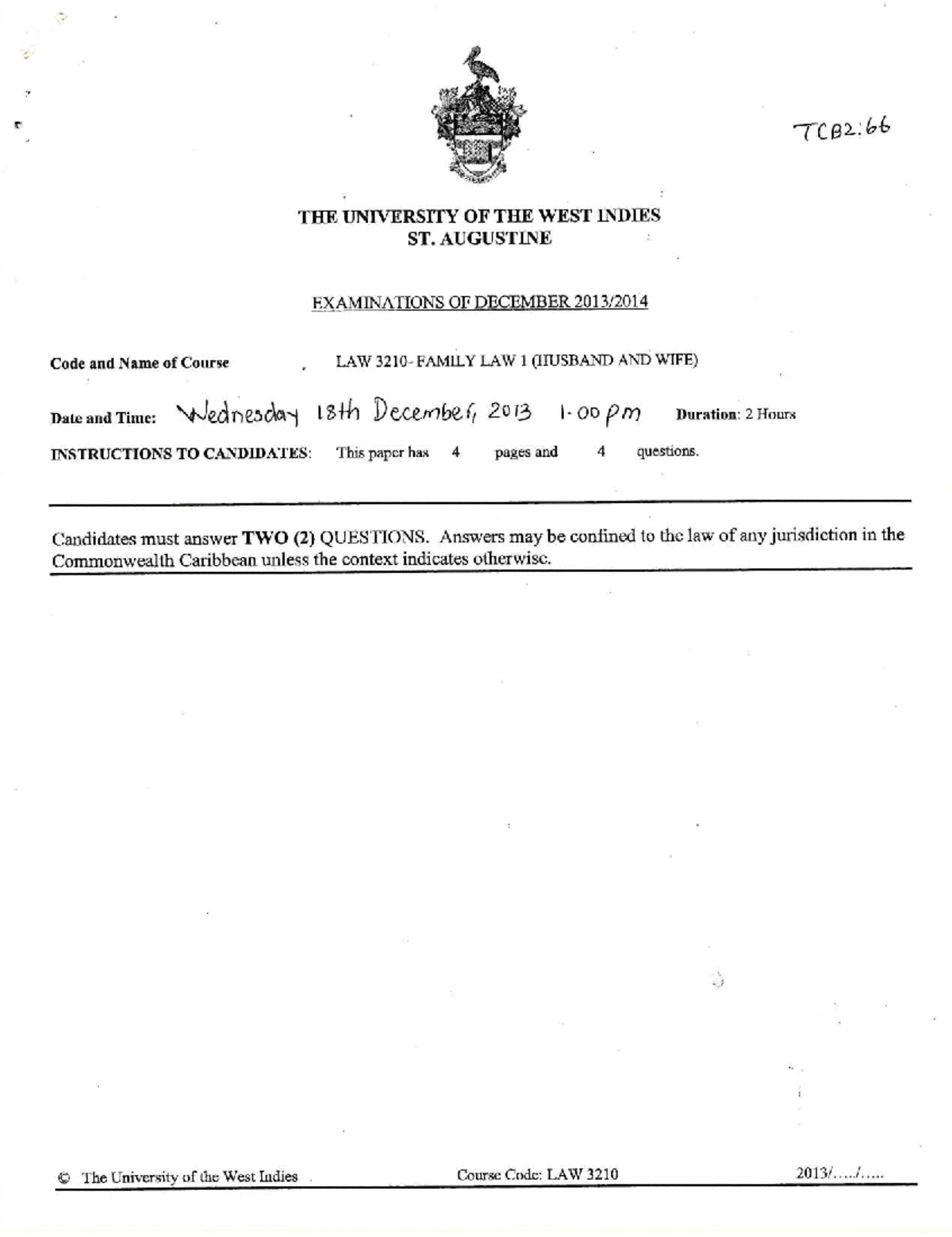 LAW 3210 Family Law Exam Paper December 2013 Past Questions Studocu