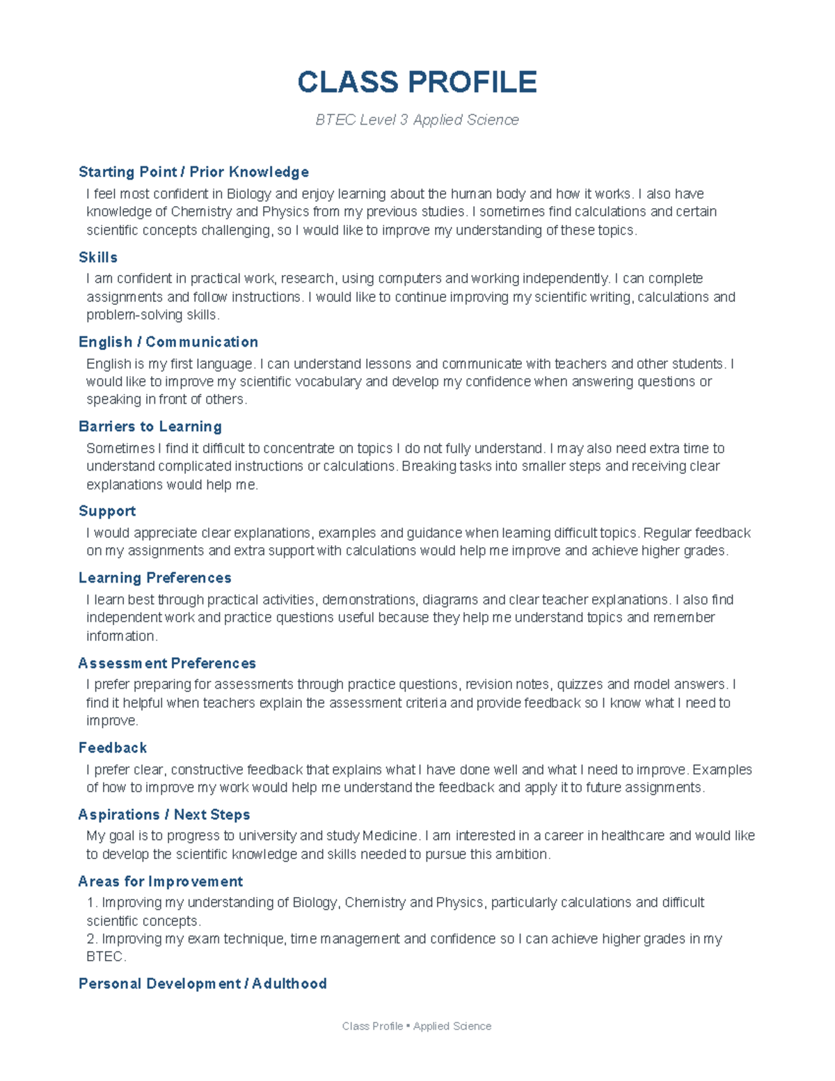 BTEC Level 3 Applied Science: Class Profile & Learning Goals - Studocu