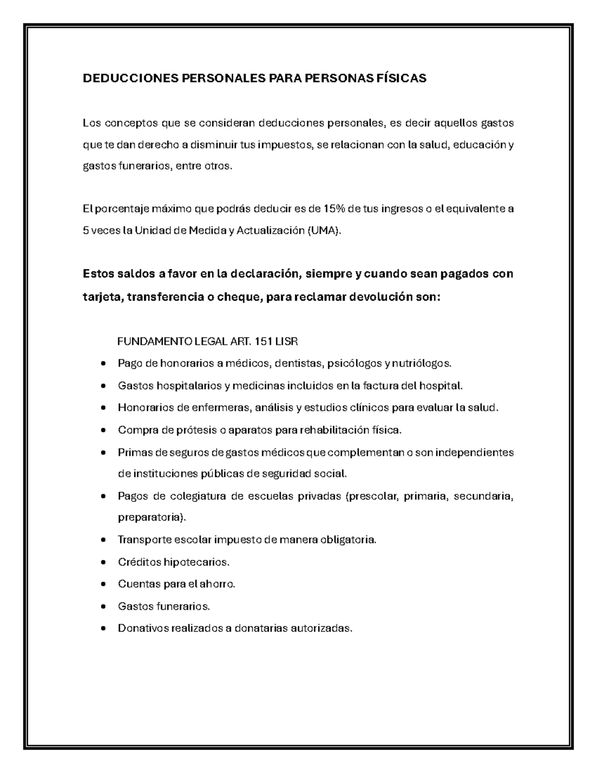 Deducciones Personales para Personas Físicas: Guía Completa - Studocu